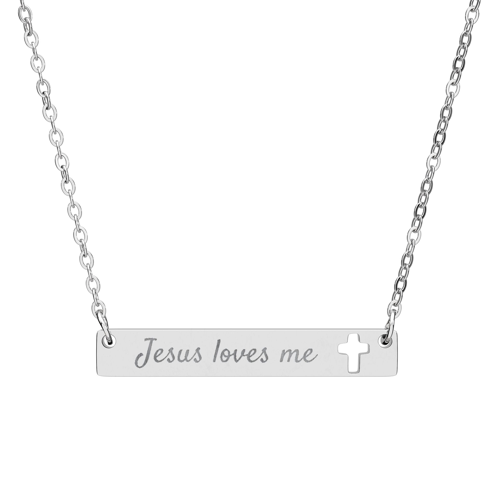 Jesus loves me Engraved Cross Bar Necklace | Christian Faith Jewelry | Stainless Steel Gift