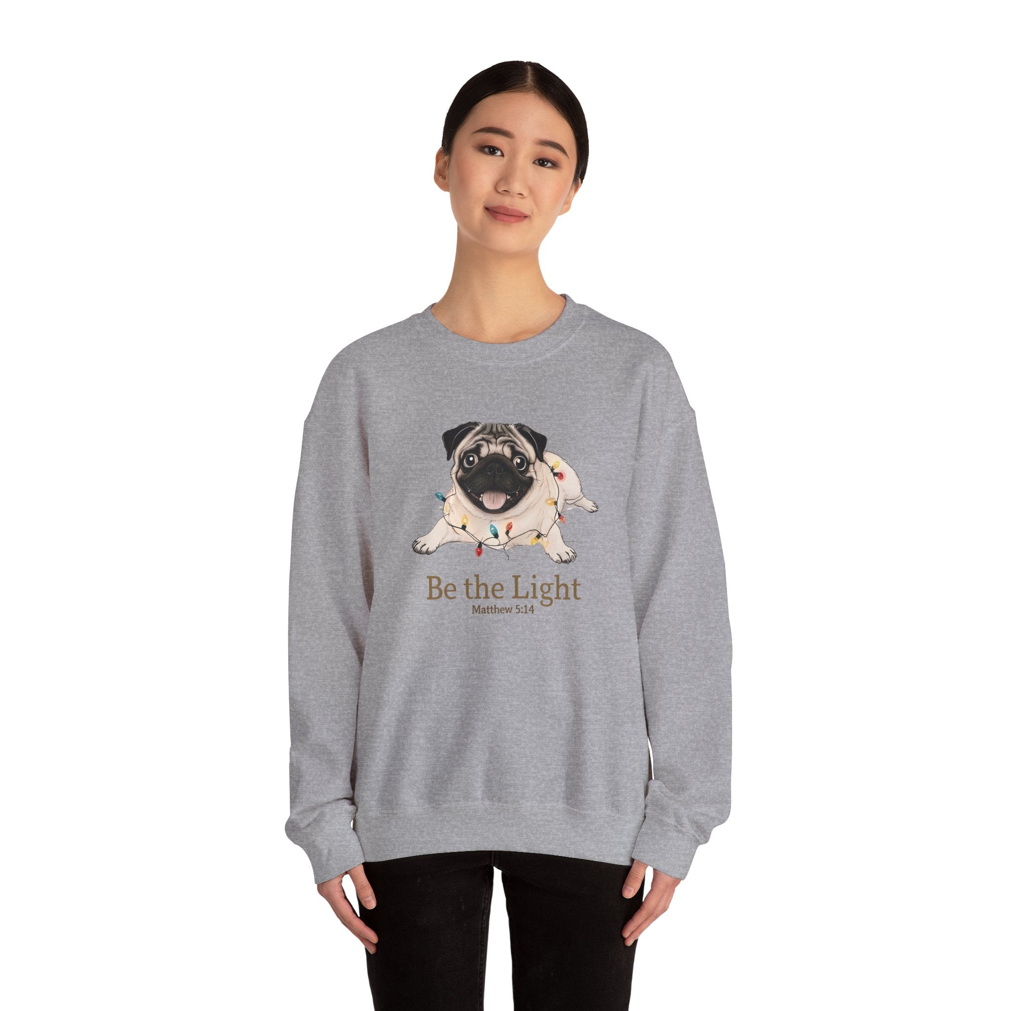Be the Light Christmas Pug Unisex Gildan Sweatshirt | Christian Crewneck Holiday Gift