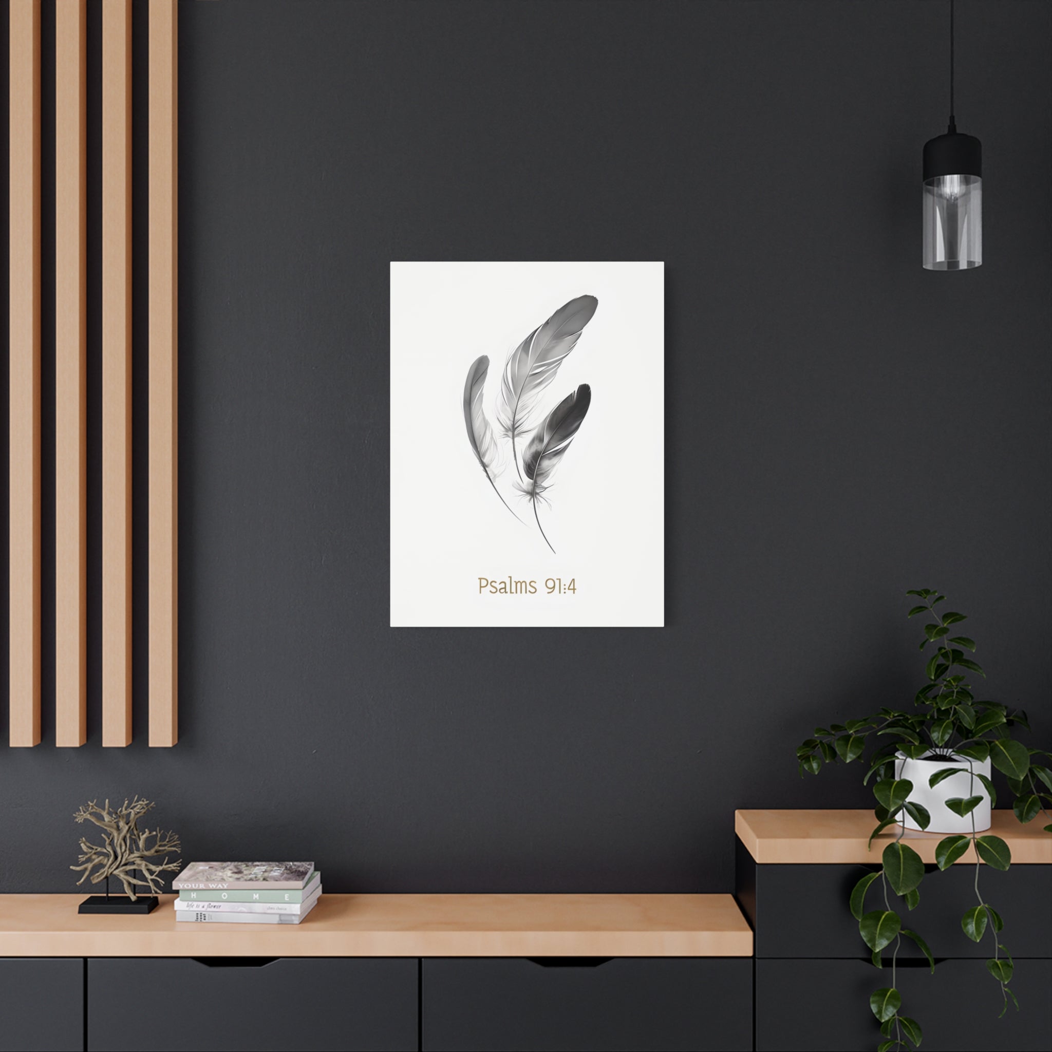 Psalm 91:4 Feather Canvas Wall Art – Christian Scripture Home Decor – Bible Verse Matte Canvas Print