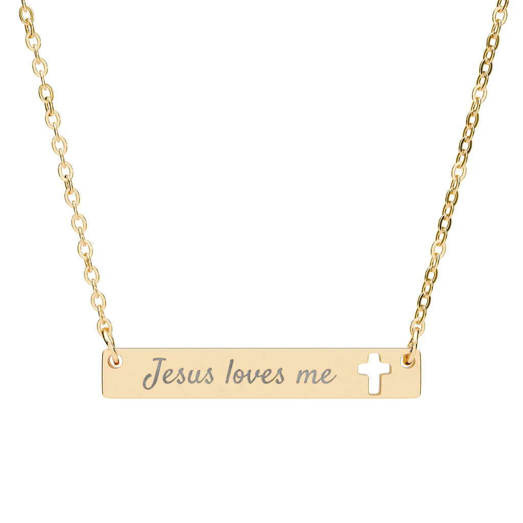 Jesus loves me Engraved Cross Bar Necklace | Christian Faith Jewelry | Stainless Steel Gift
