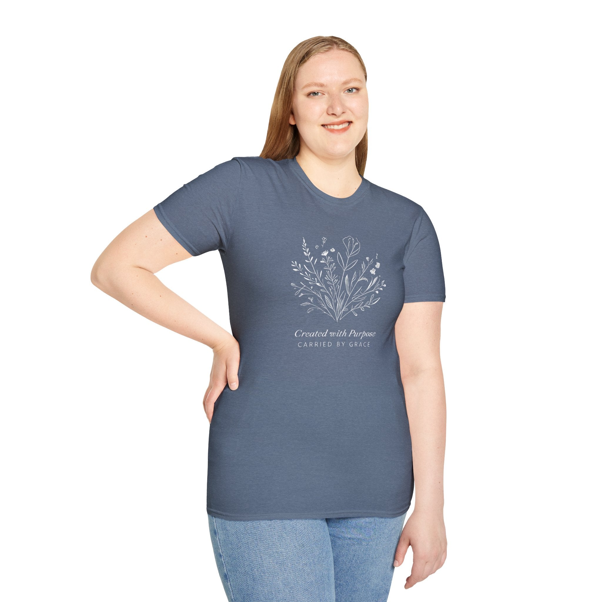 Created with Purpose Carried By Grace Christian Floral Gildan T-Shirt Women’s Faith Shirt Minimalist Design Soft Cotton Tee