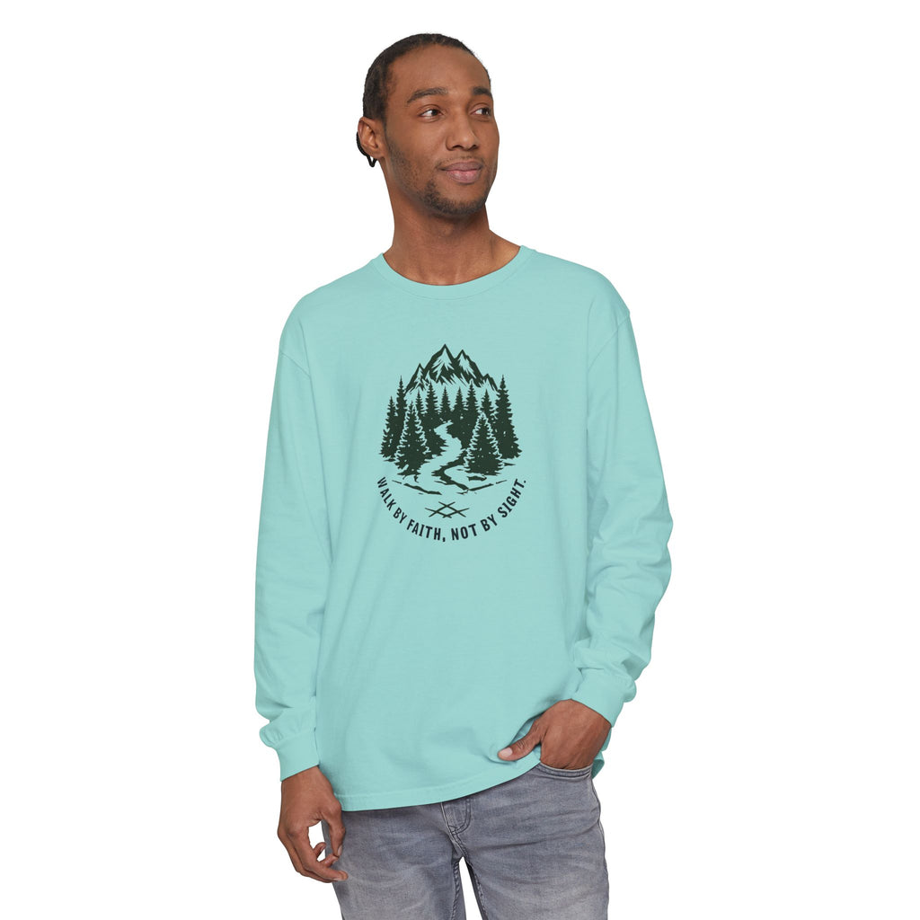 Walk by Faith, Not By Sight Comfort Colors Unisex Long Sleeve Shirt | Faith Mountain Graphic Tee | Garment Dyed Cotton