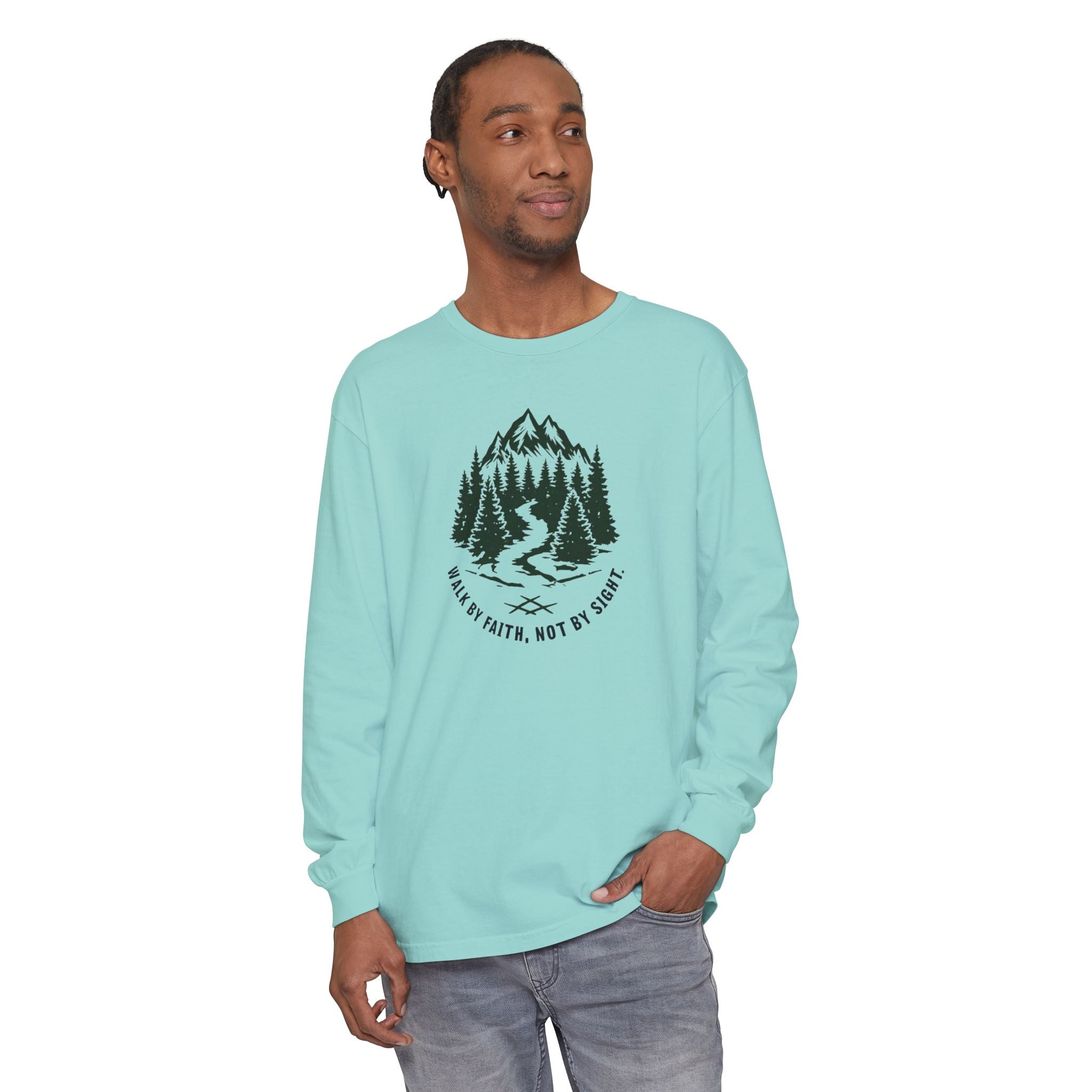 Walk by Faith, Not By Sight Comfort Colors Unisex Long Sleeve Shirt | Faith Mountain Graphic Tee | Garment Dyed Cotton
