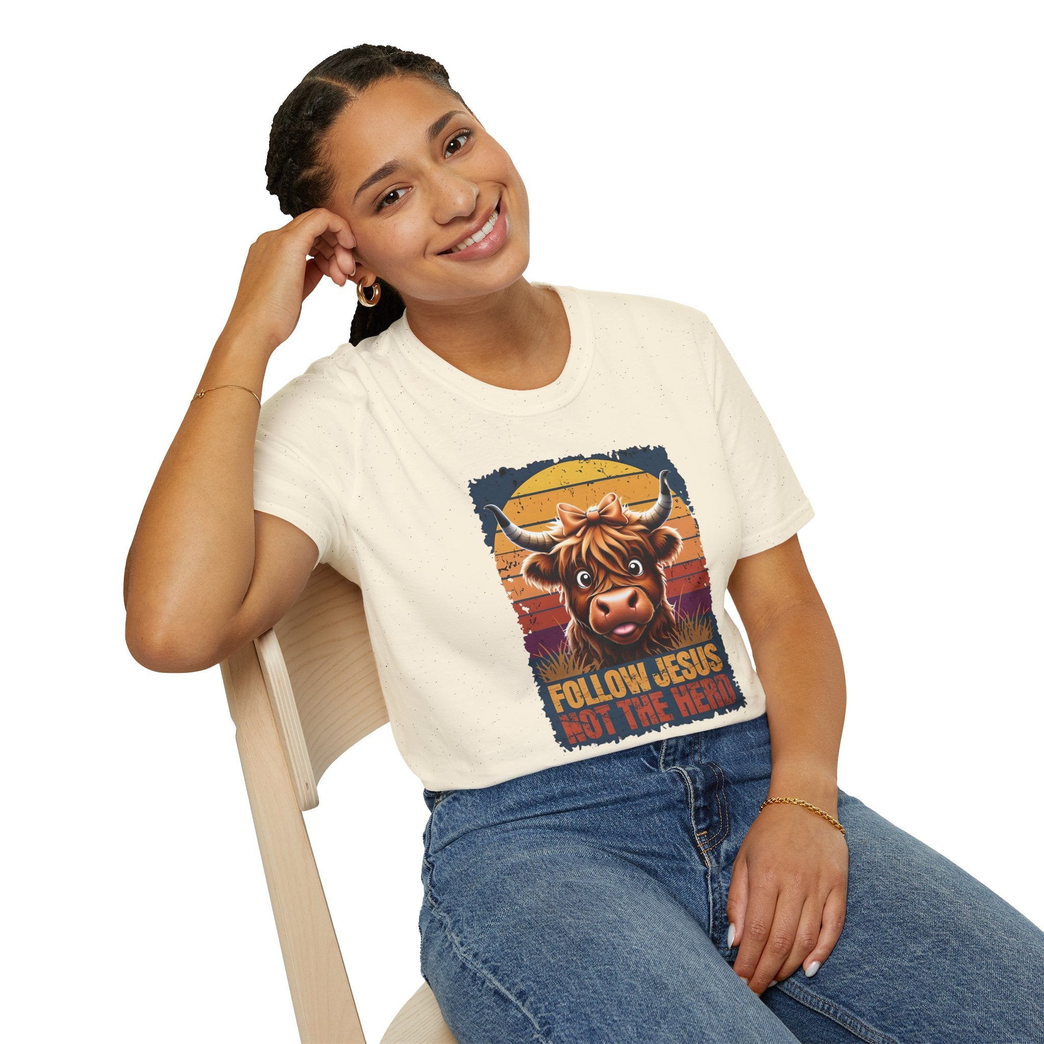 Follow Jesus Not The Herd Gildan Softstyle Unisex Tshirt | Highland Cow Christian Graphic T Shirt