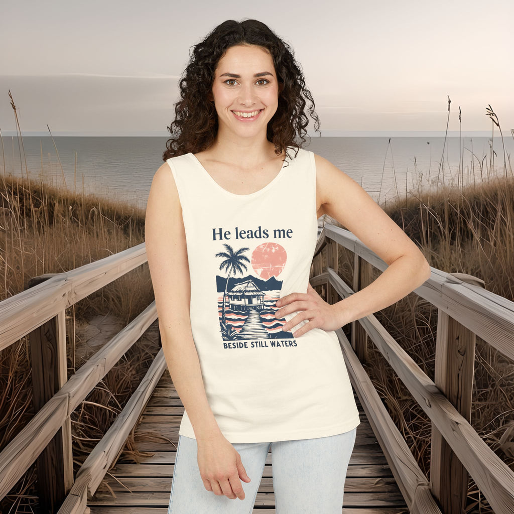 He Leads Me Beside Still Water Unisex Comfort Colors Tank Top | Psalms 23 | Christian Gift