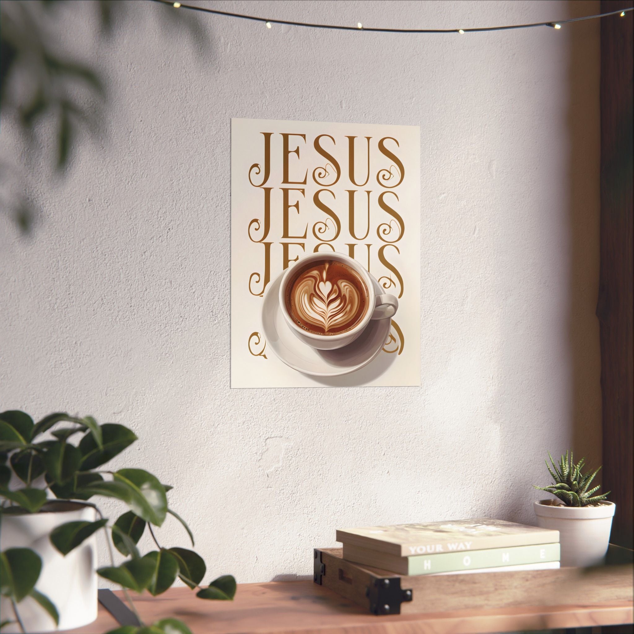 Jesus Coffee Christian matte wall art poster — faith kitchen decor latte print gift for her
