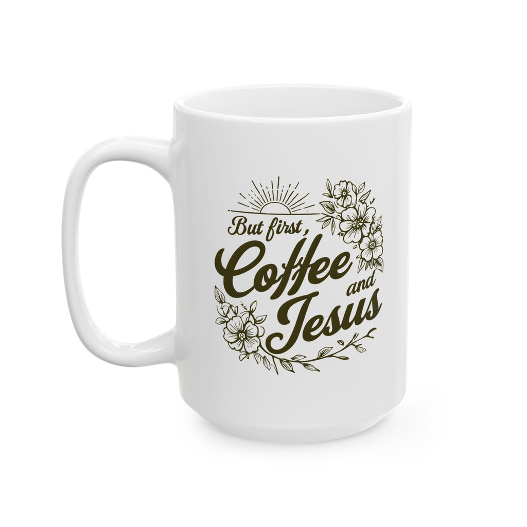 Jesus + Coffee Christian Coffee Mug | Faith Ceramic Mug 11oz & 15oz | Botanical Design Christian Gift