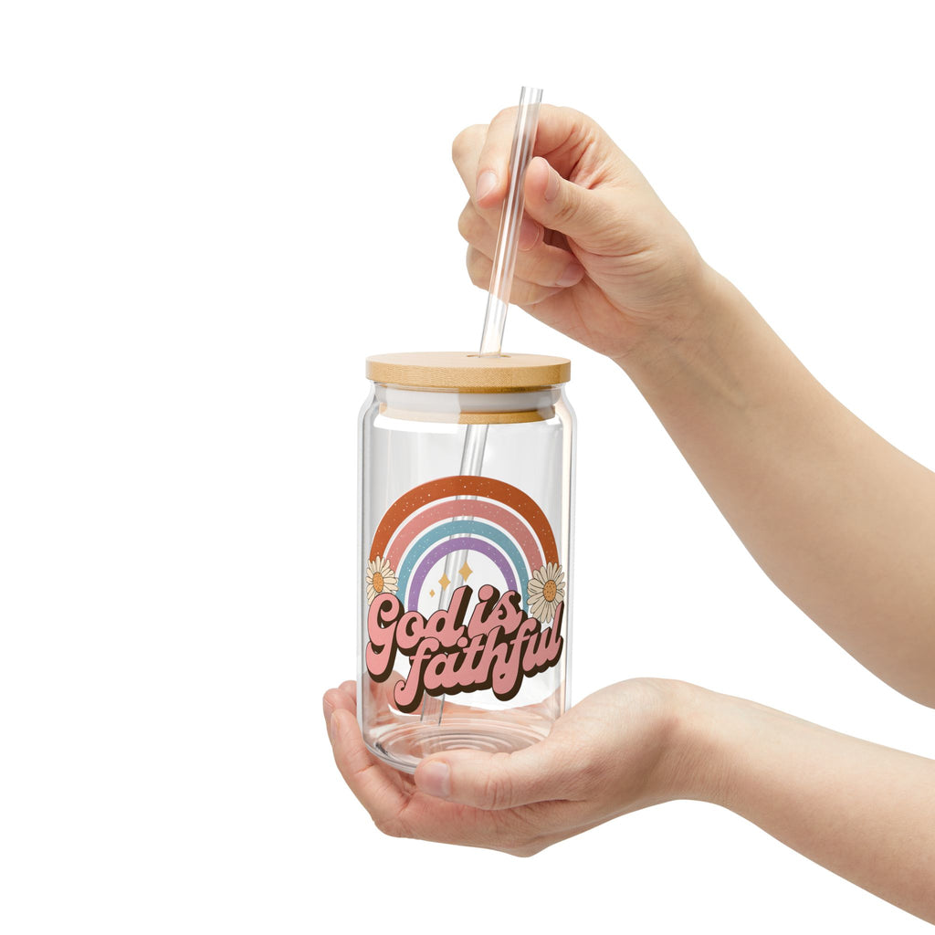 He Is Faithful Retro Sipper Glass – 16 oz Christian Glass Tumbler – Faith-Based Drinkware – Inspirational Gift Idea