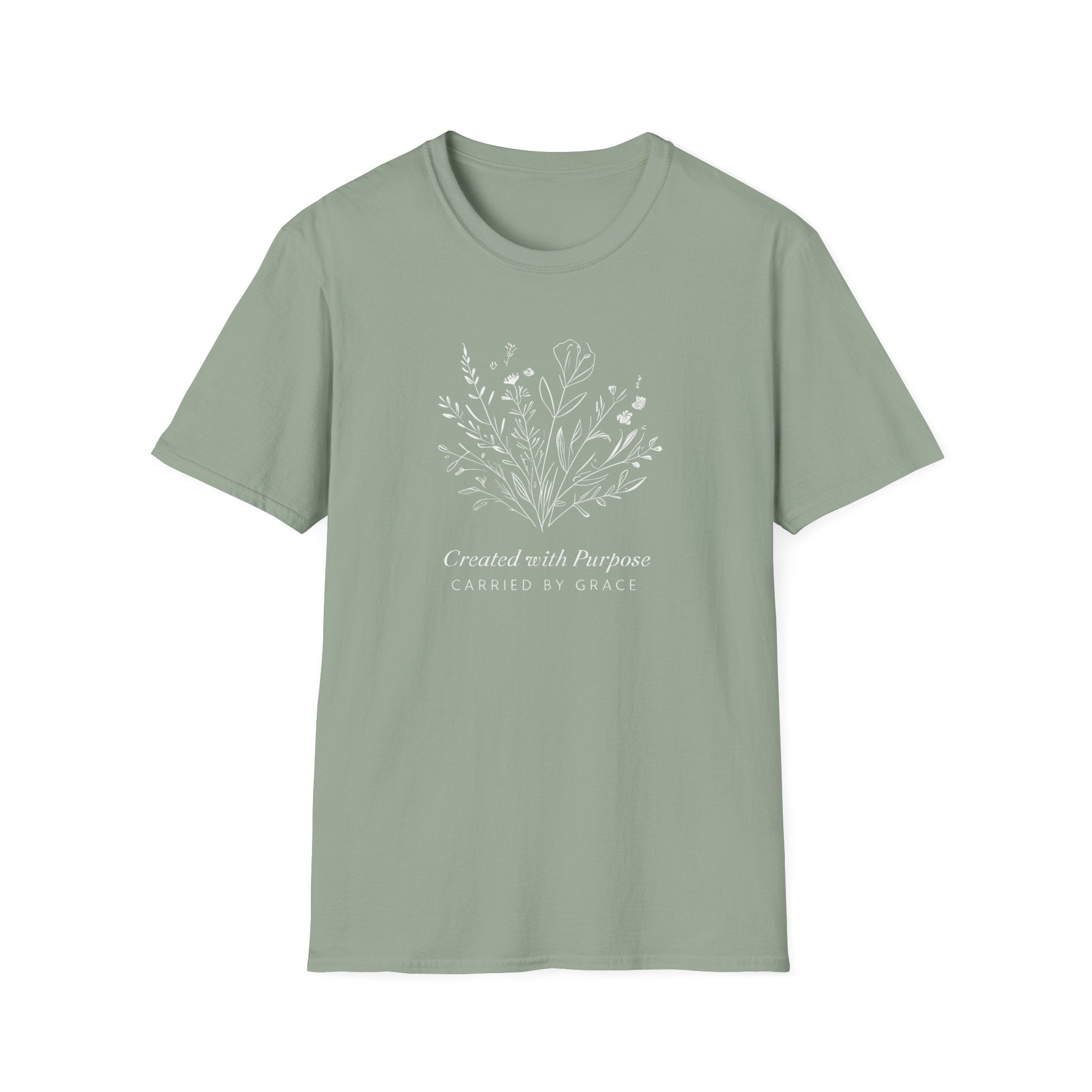 Created with Purpose Carried By Grace Christian Floral Gildan T-Shirt Women’s Faith Shirt Minimalist Design Soft Cotton Tee