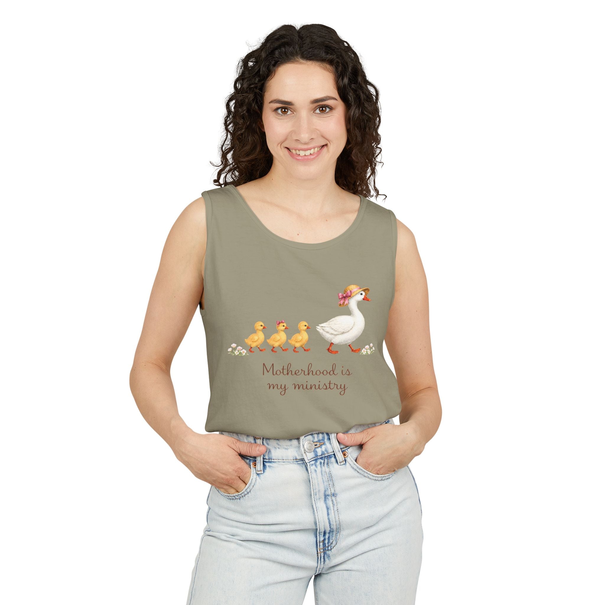 Motherhood Is My Ministry Tank Top — Cute Duck Family Graphic Tank