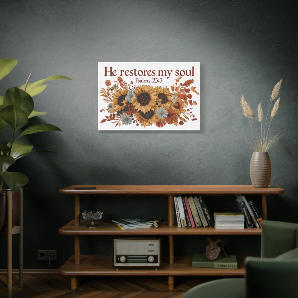 Psalm 23:3 Canvas Wall Art | Christian Sunflower Home Decor | Faith Gift