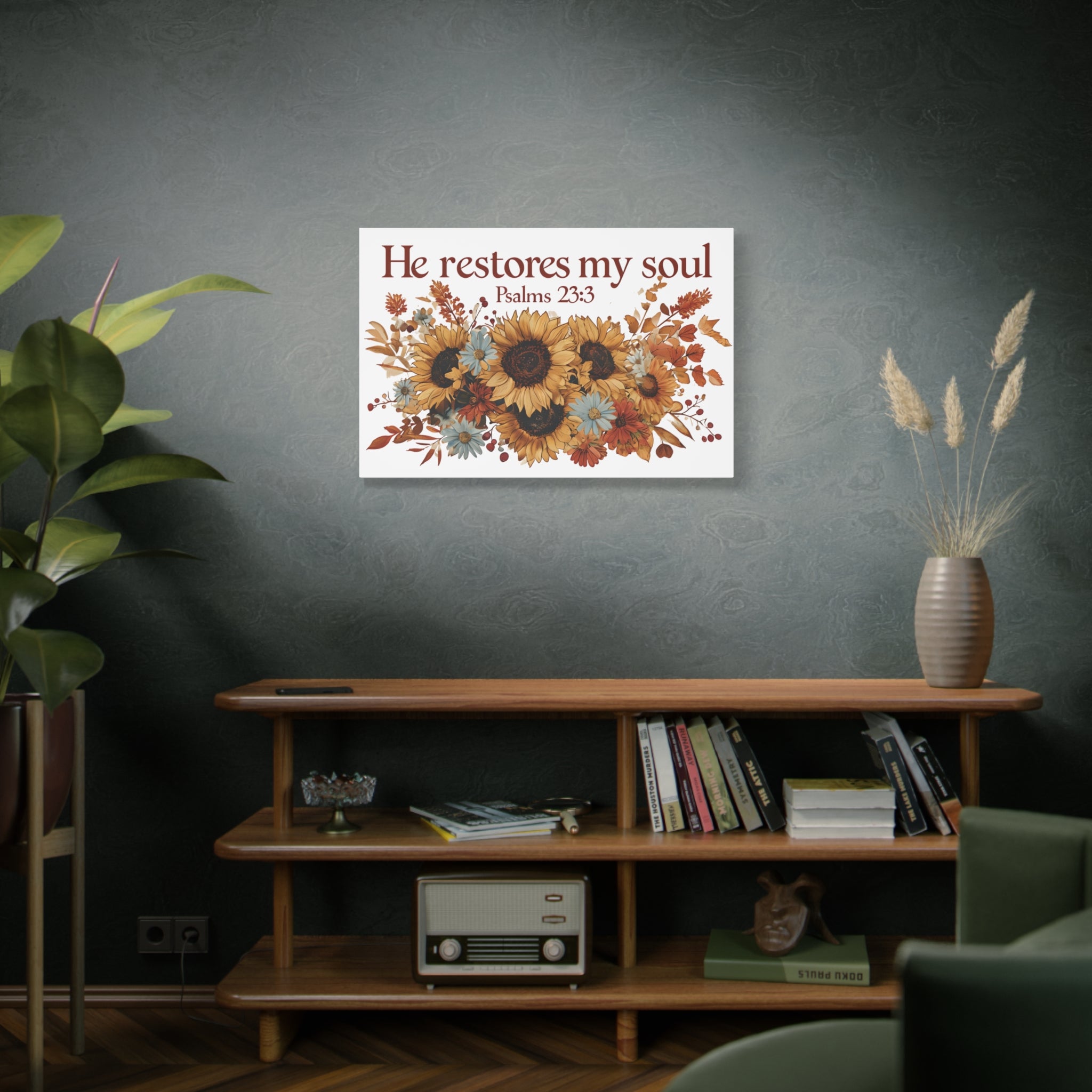 Psalm 23:3 Canvas Wall Art | Christian Sunflower Home Decor | Faith Gift