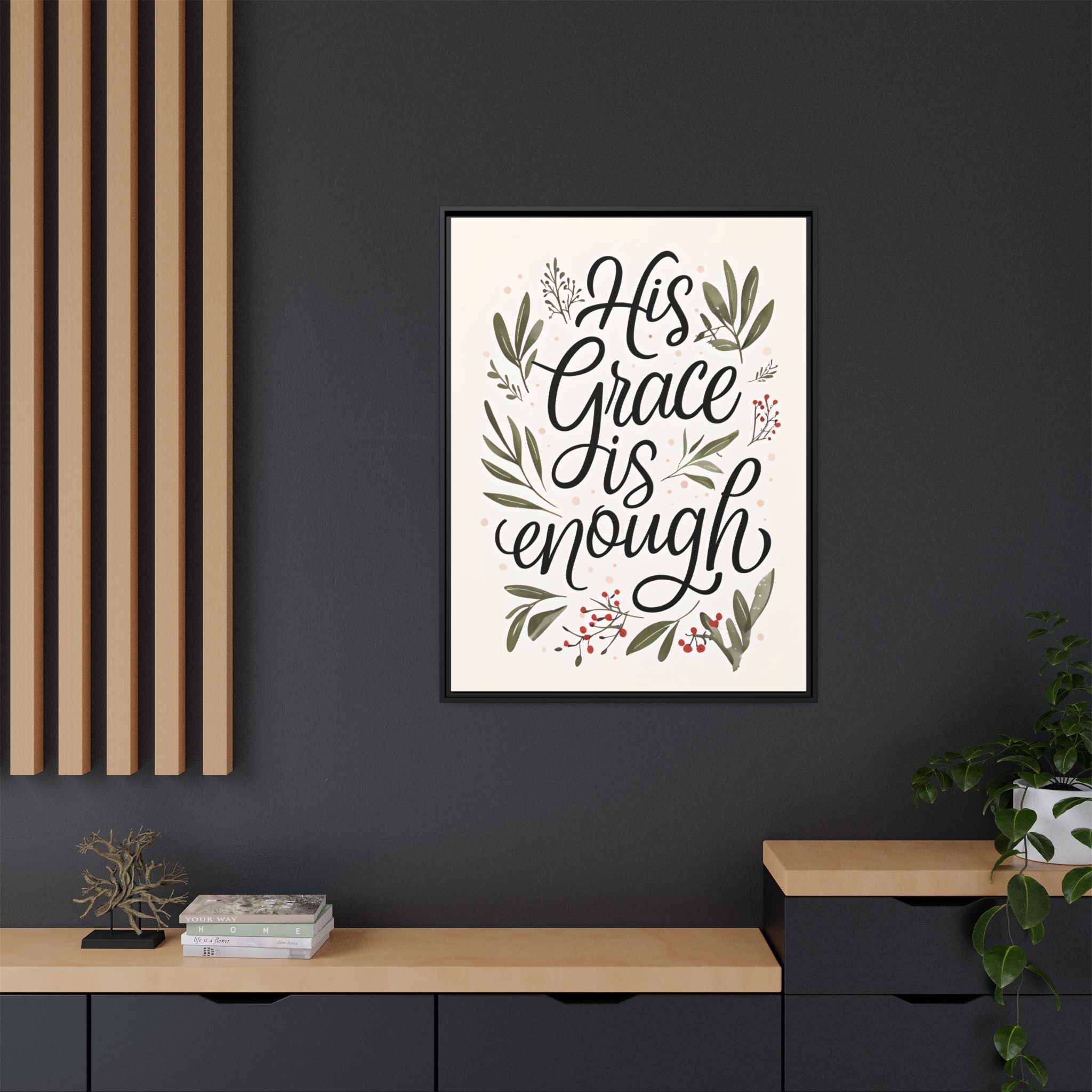 His Grace is Enough Floral Scripture Framed Matte Canvas | Modern Faith Home Decor