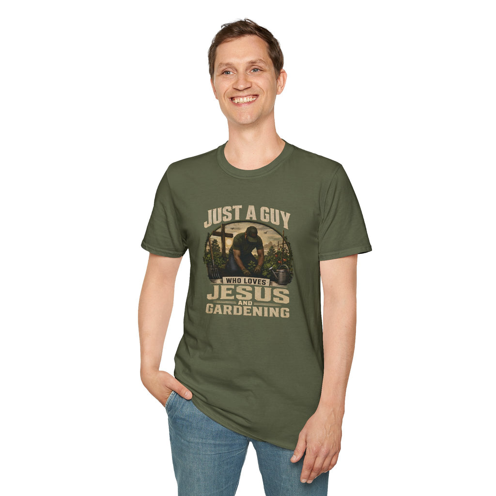 Just A Guy Who Loves Jesus And Gardening Gildan Christian T-Shirt for Men | Faith Based Gardening Shirt | Gardener Gift Tee