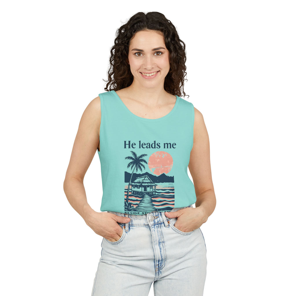 He Leads Me Beside Still Water Unisex Comfort Colors Tank Top | Psalms 23 | Christian Gift