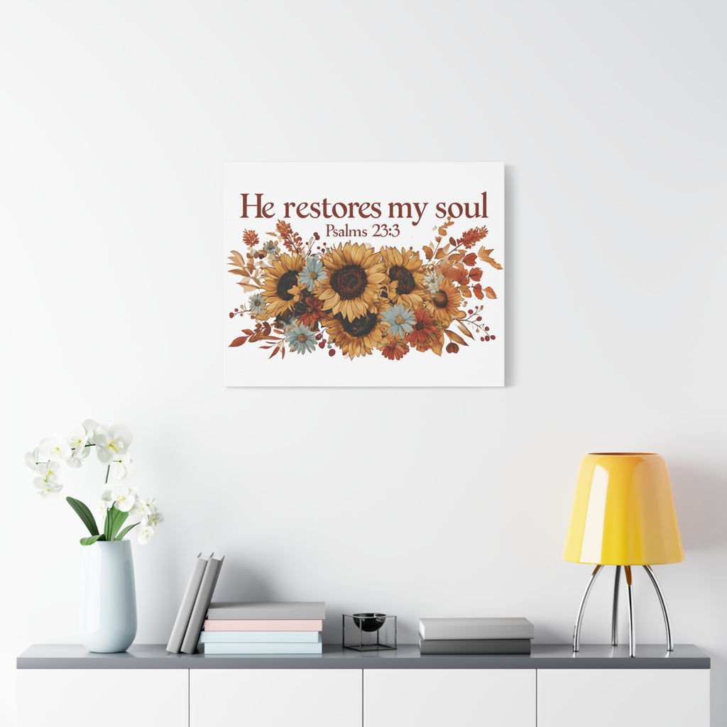 Psalm 23:3 Canvas Wall Art | Christian Sunflower Home Decor | Faith Gift