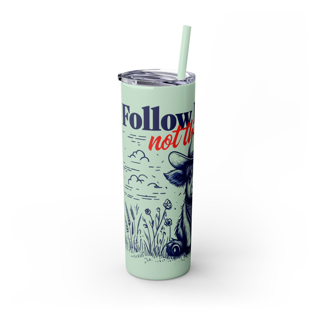 Follow His Lead, Not the Herd, 20 oz Insulated Skinny Tumbler | Stainless Steel Travel Cup | Christian Drinkware | Highland Cow