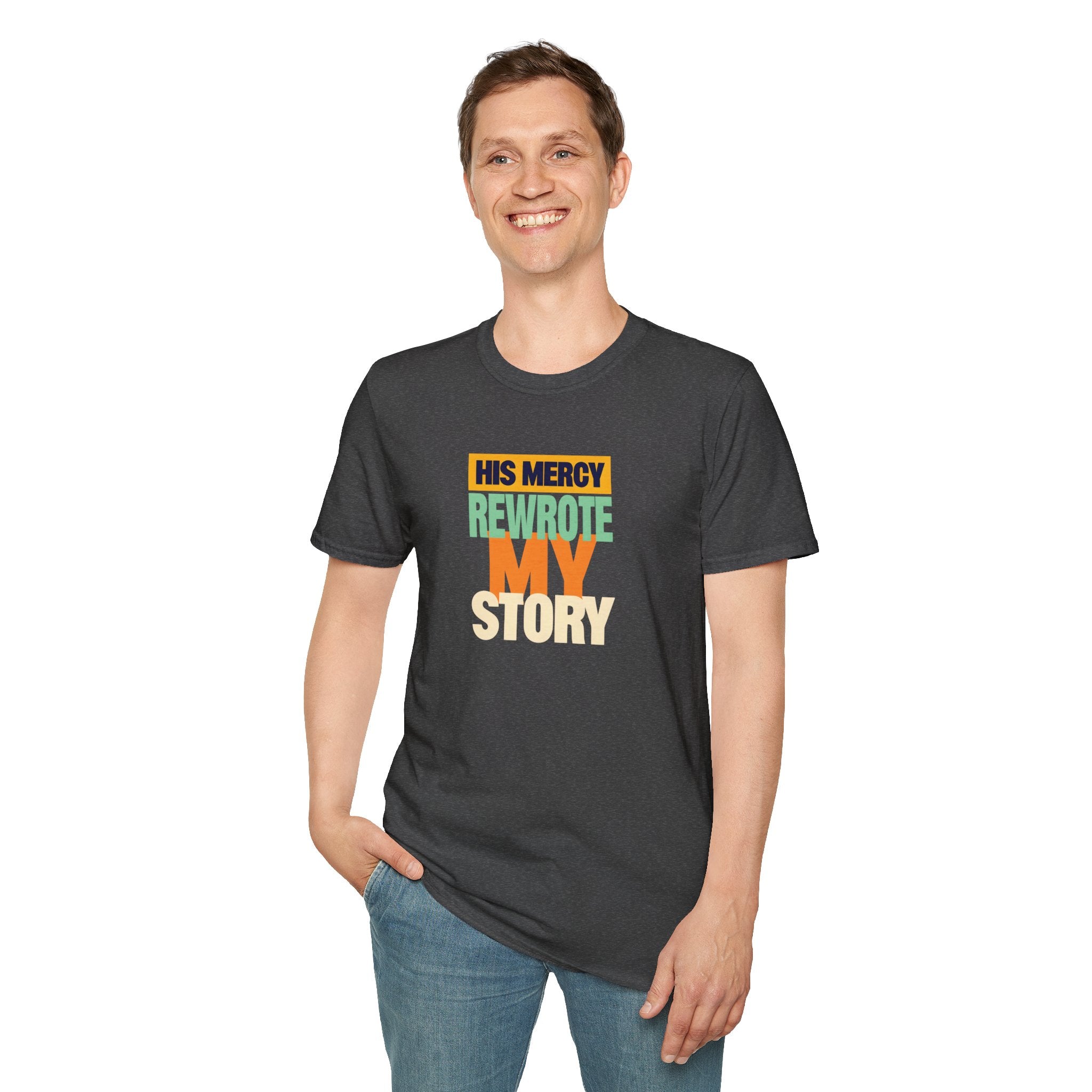 His Mercy Rewrote My Story Christian Gildan T-Shirt Unisex Softstyle Religious Tee Gift