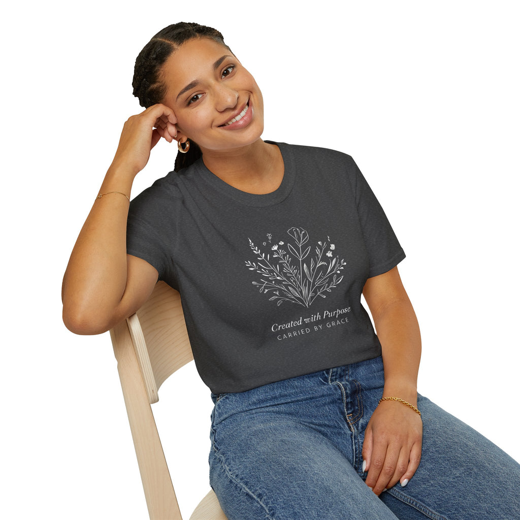 Created with Purpose Carried By Grace Christian Floral Gildan T-Shirt Women’s Faith Shirt Minimalist Design Soft Cotton Tee