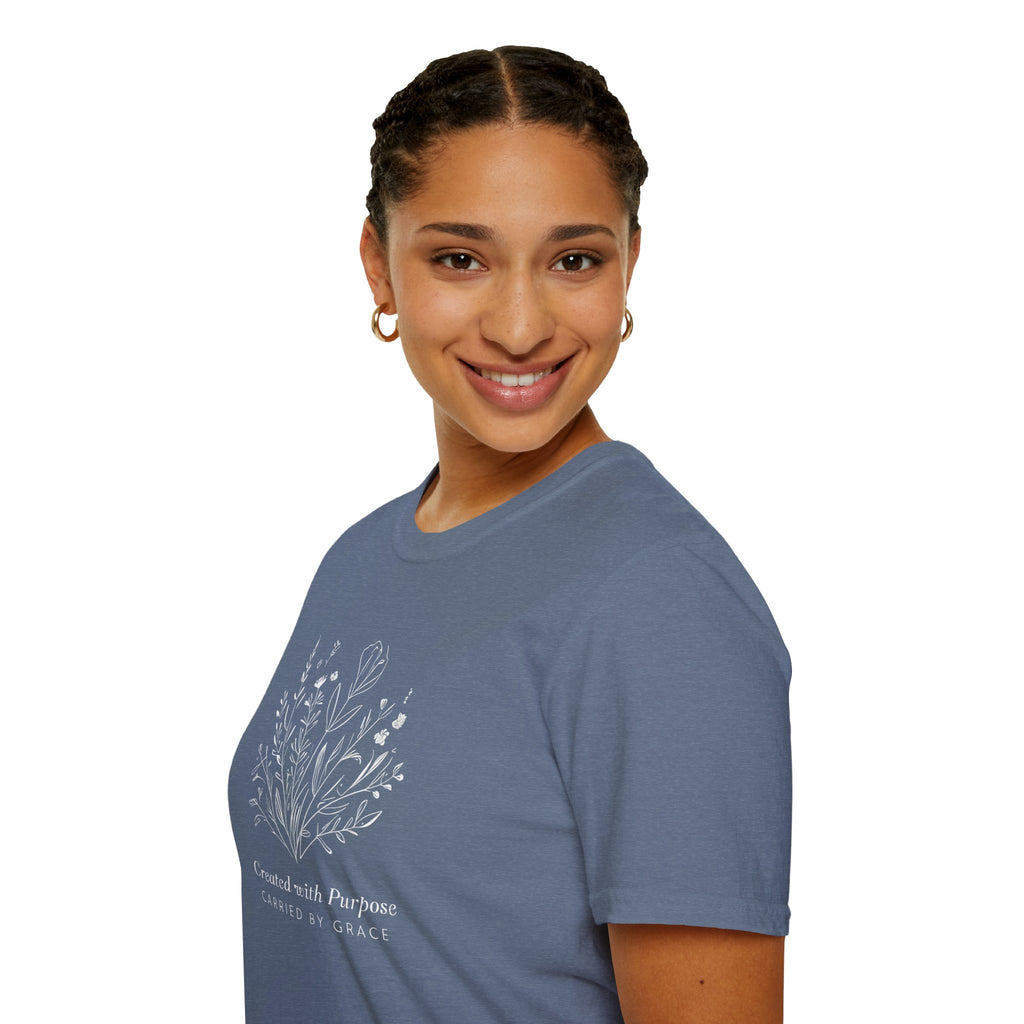 Created with Purpose Carried By Grace Christian Floral Gildan T-Shirt Women’s Faith Shirt Minimalist Design Soft Cotton Tee