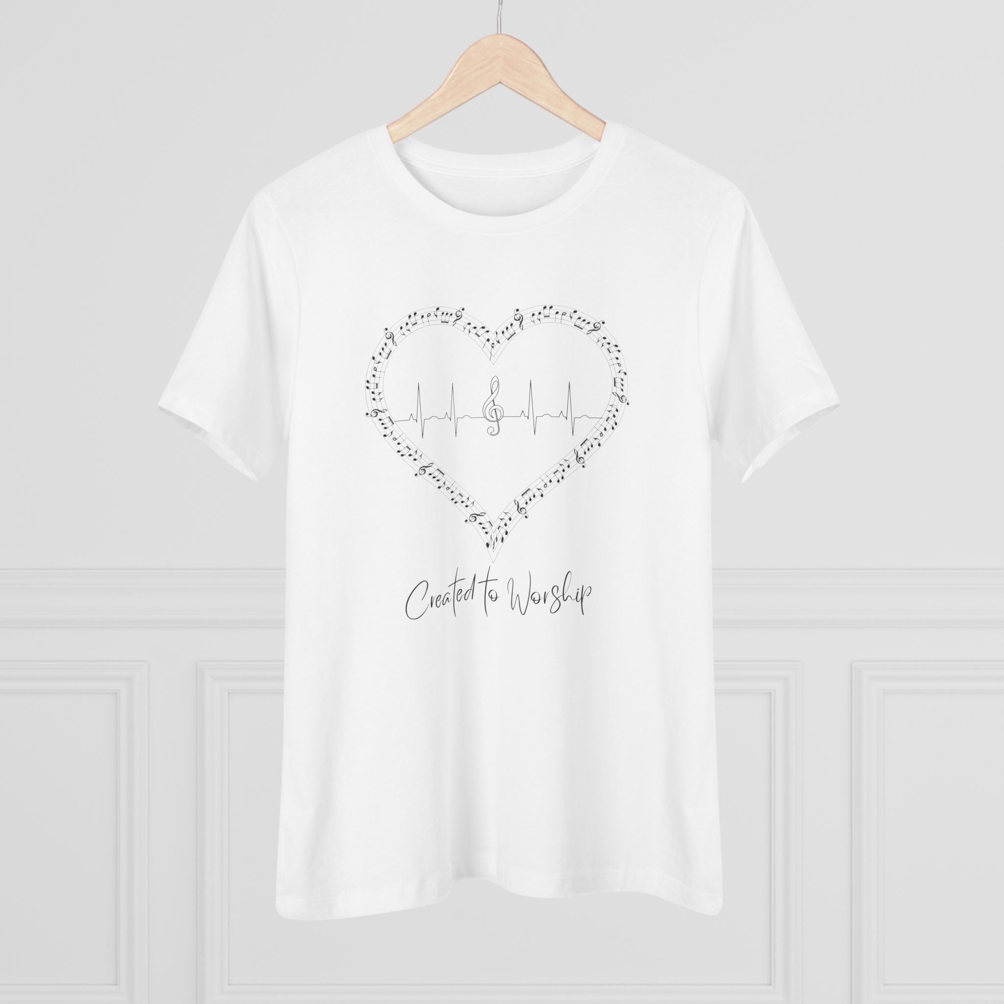 Created to Worship Women’s Christian T-Shirt – Heart & Treble Clef Music Design