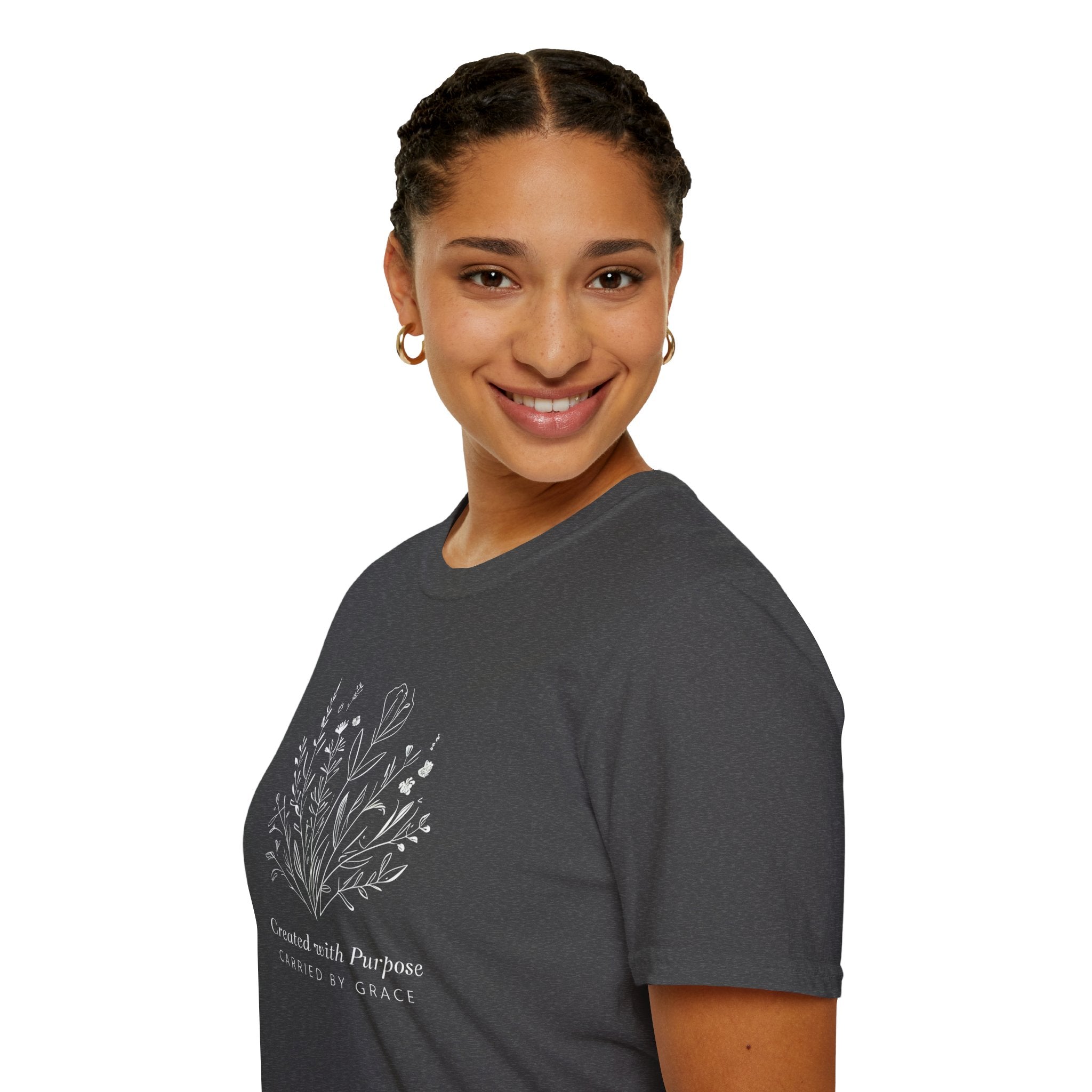 Created with Purpose Carried By Grace Christian Floral Gildan T-Shirt Women’s Faith Shirt Minimalist Design Soft Cotton Tee