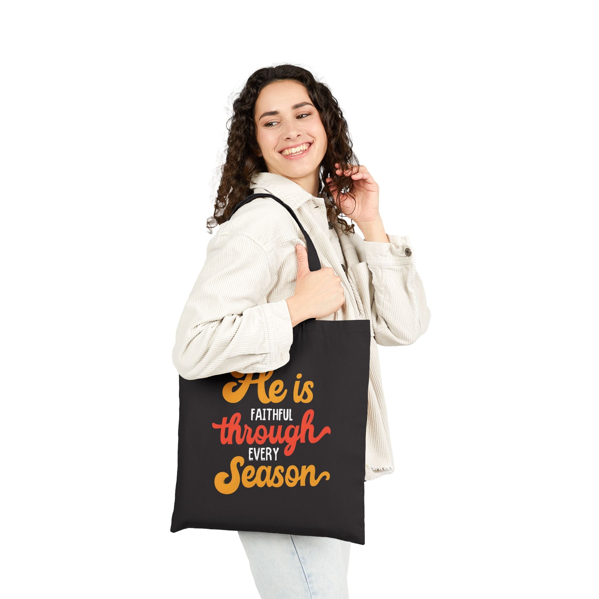 He Is Faithful Through Every Season Christian Canvas Tote Bag | Reusable Faith Bag