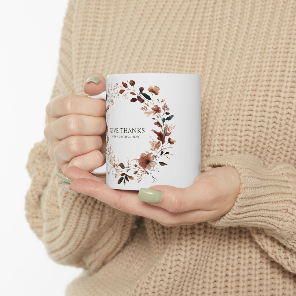 Give Thanks Floral Wreath Ceramic Mug | 11oz & 15oz | Cozy Coffee Cup, Gift for Her, Inspirational Tea Mug, Perfect for Birthdays & Anniversaries