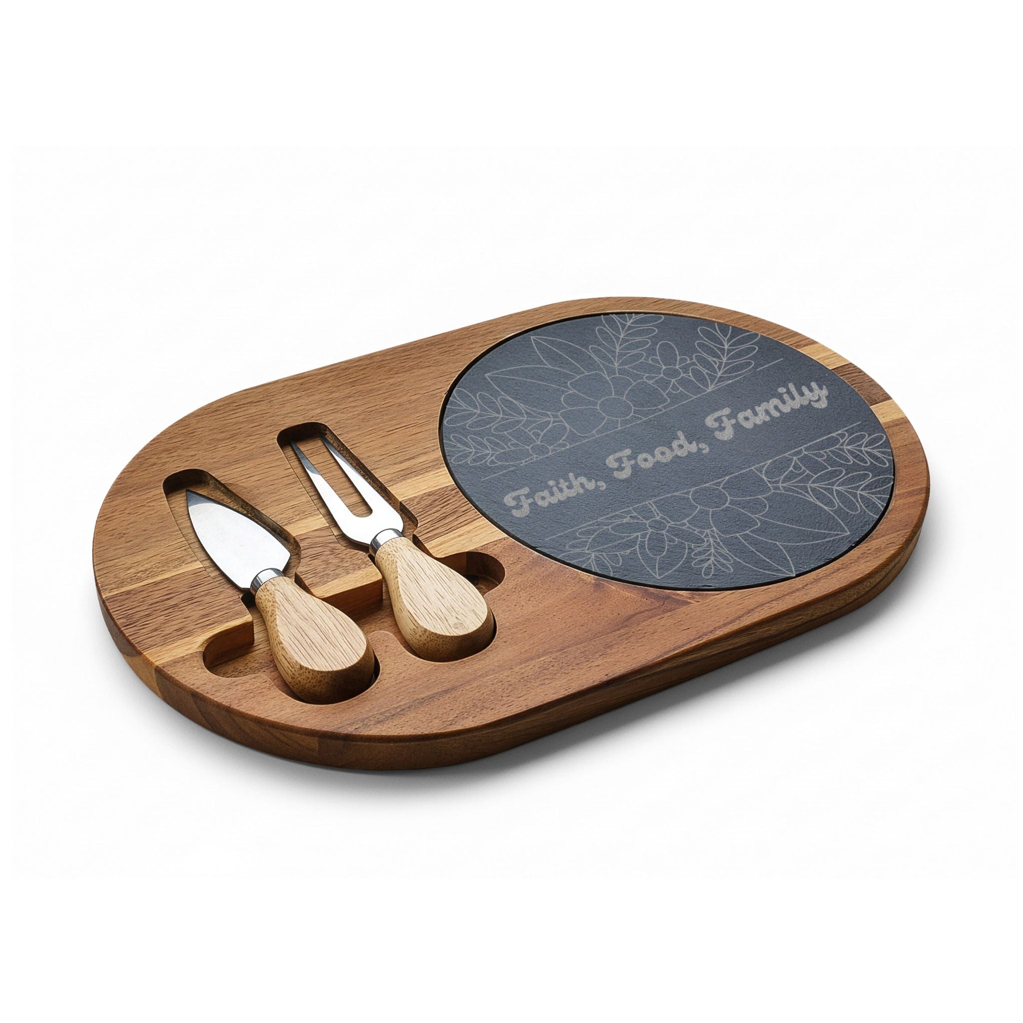 Faith Food Family Engraved Acacia Charcuterie Board with Slate & Knives | Christian Gift Kitchen Decor