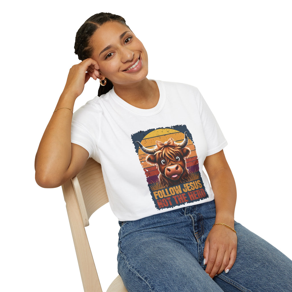 Follow Jesus Not The Herd Gildan Softstyle Unisex Tshirt | Highland Cow Christian Graphic T Shirt