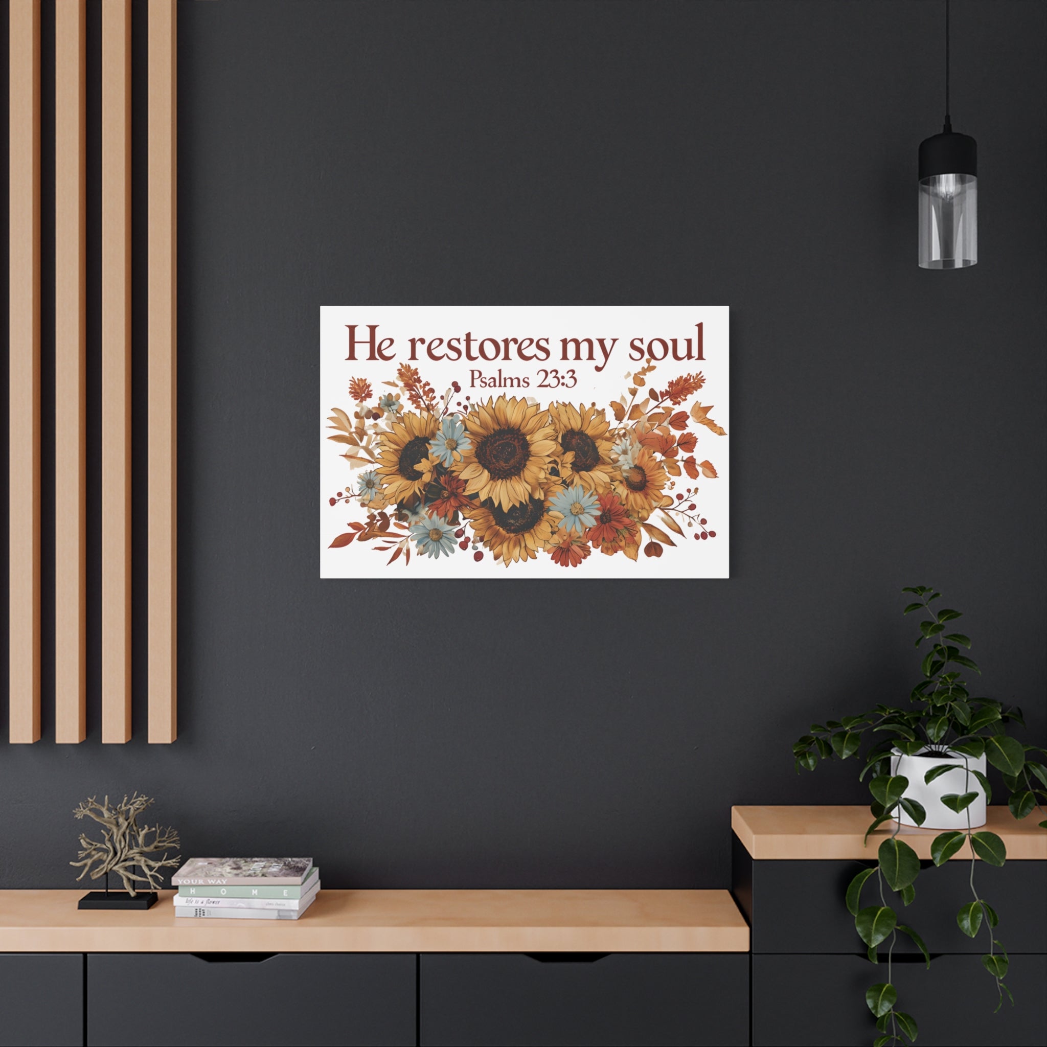 Psalm 23:3 Canvas Wall Art | Christian Sunflower Home Decor | Faith Gift