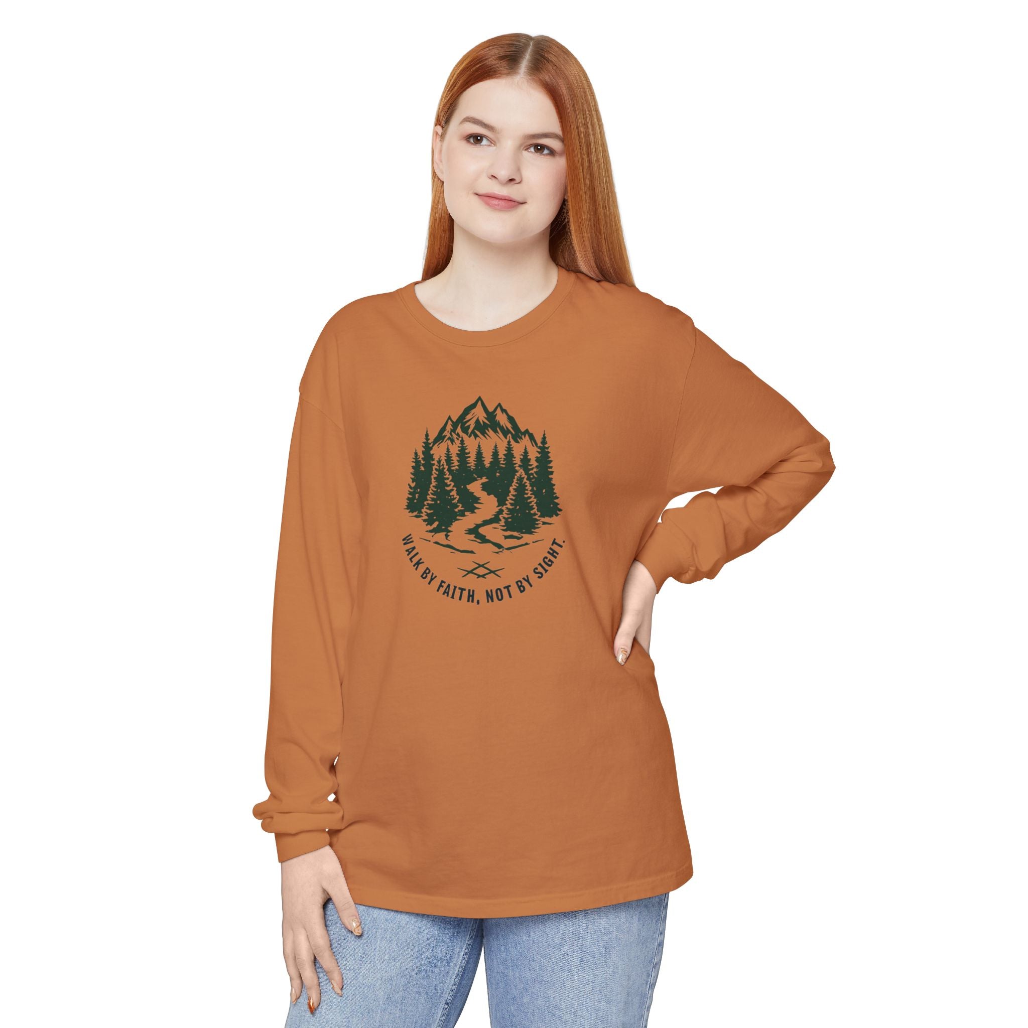 Walk by Faith, Not By Sight Comfort Colors Unisex Long Sleeve Shirt | Faith Mountain Graphic Tee | Garment Dyed Cotton