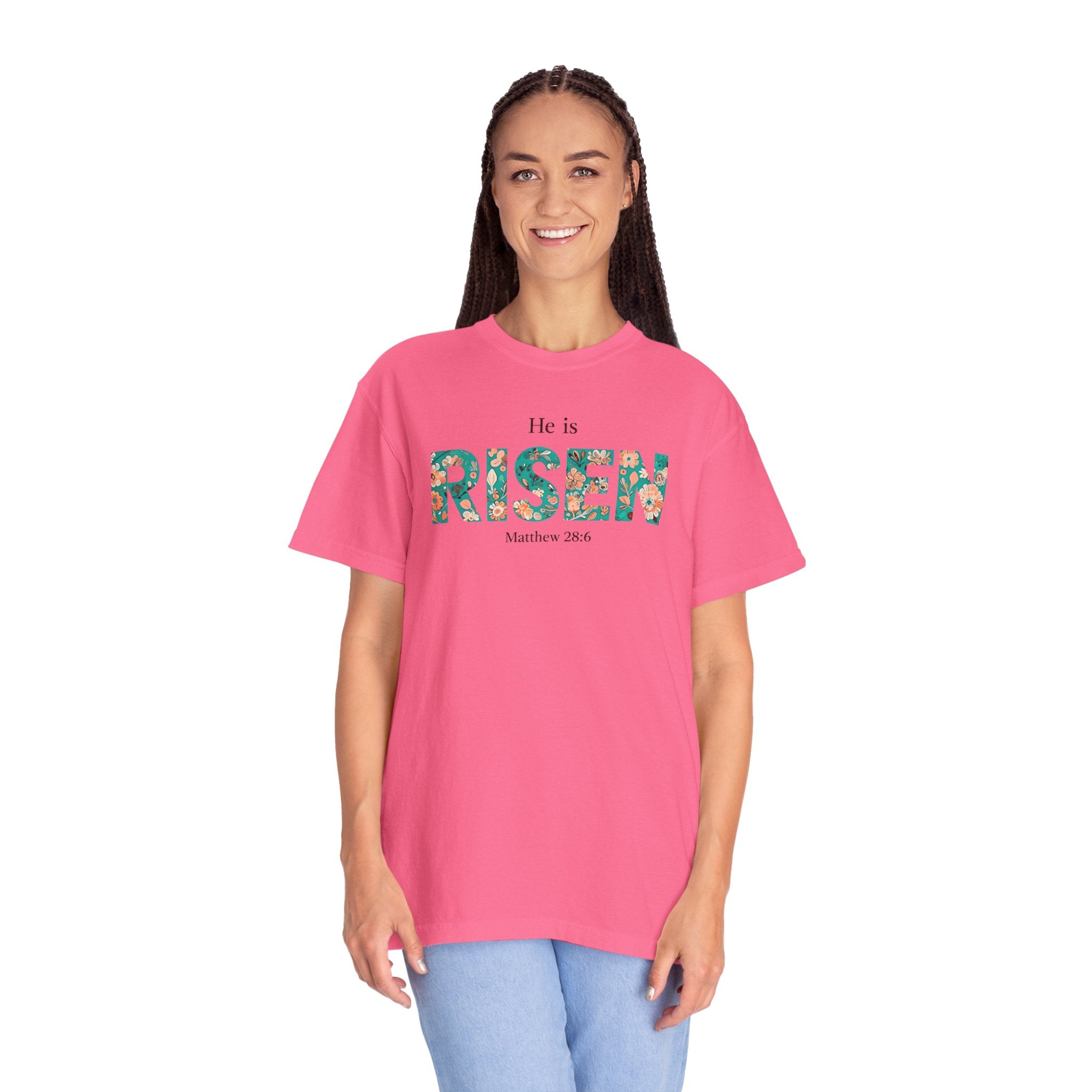 He is RISEN Christian T-Shirt | Easter Women’s Faith Shirt | Scripture Tee Matthew 28:6 | Floral Graphic | Garment-Dyed Cotton | S-4XL