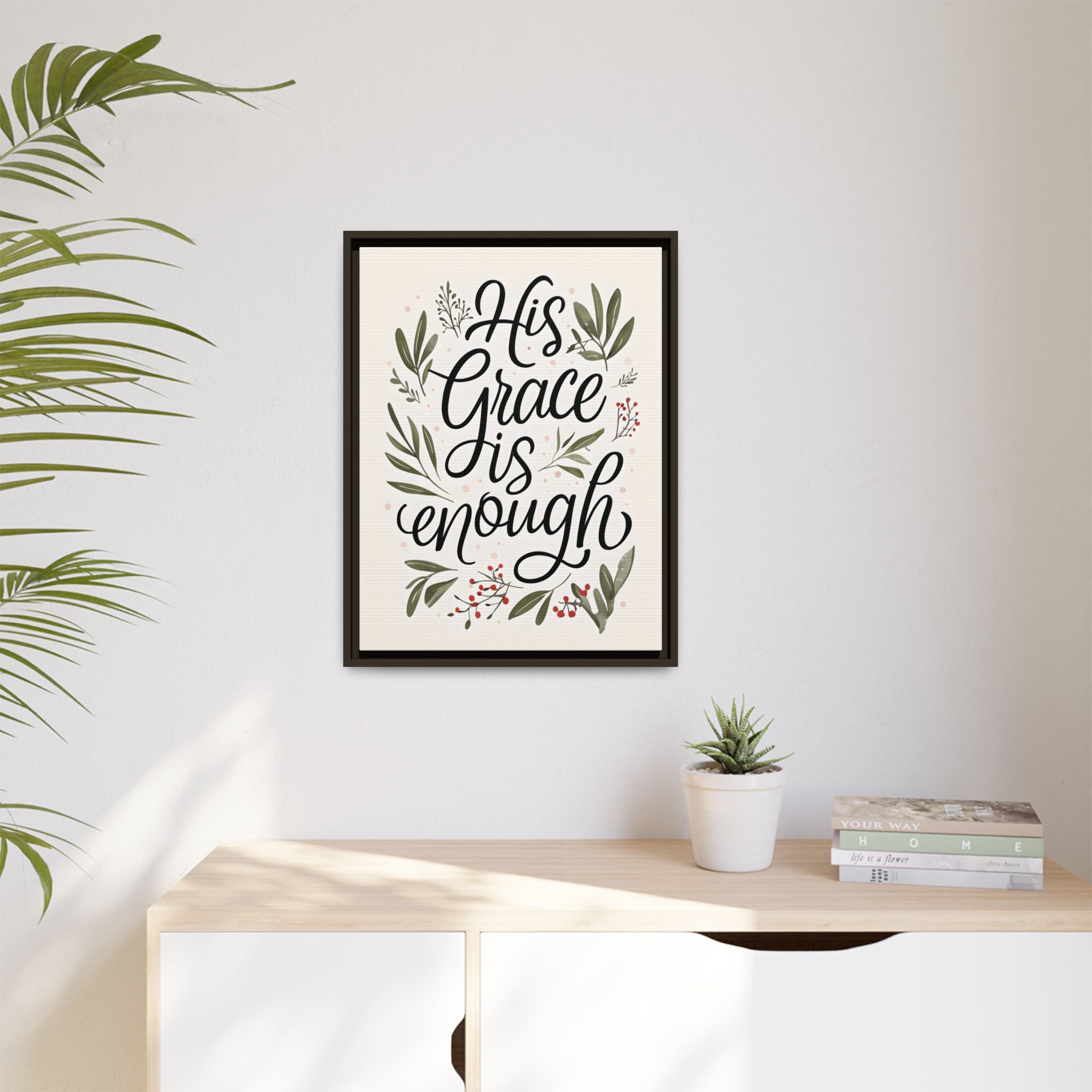 His Grace is Enough Floral Scripture Framed Matte Canvas | Modern Faith Home Decor