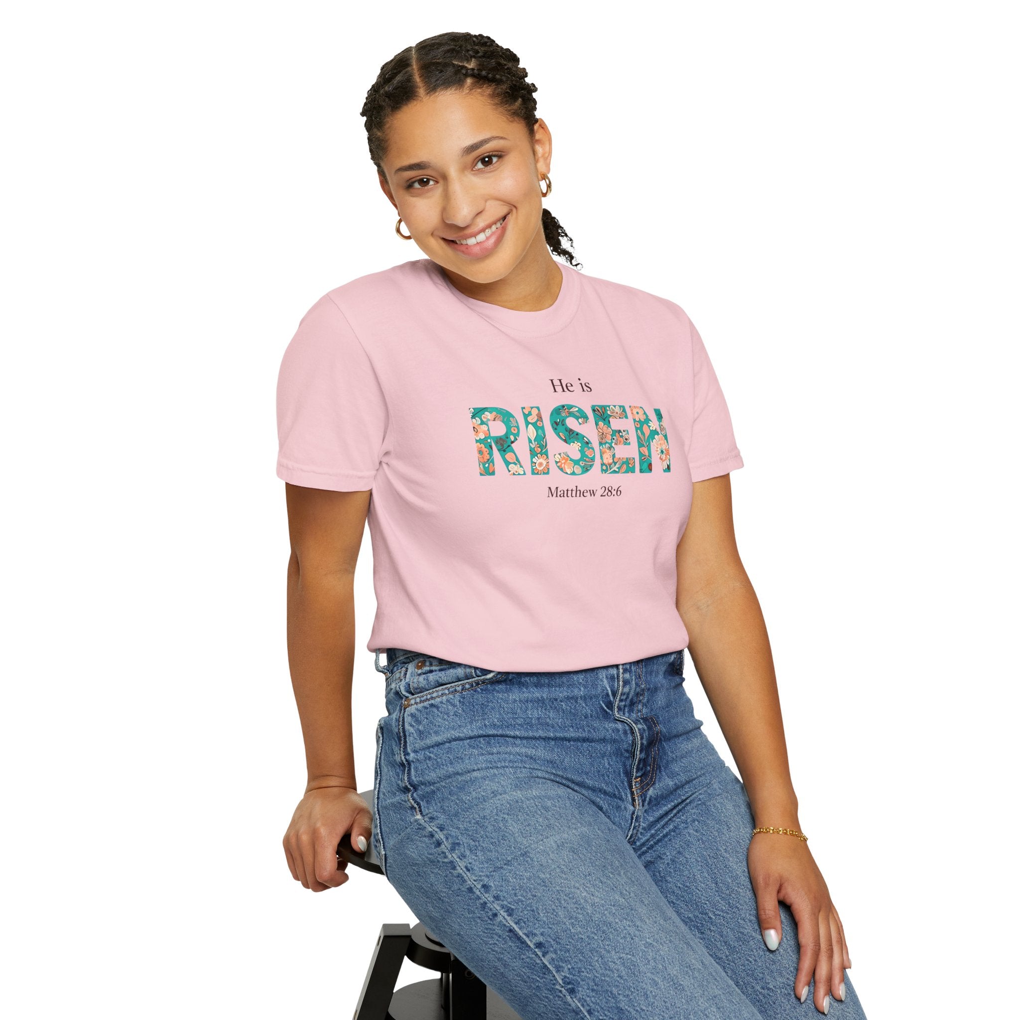 He is RISEN Christian T-Shirt | Easter Women’s Faith Shirt | Scripture Tee Matthew 28:6 | Floral Graphic | Garment-Dyed Cotton | S-4XL