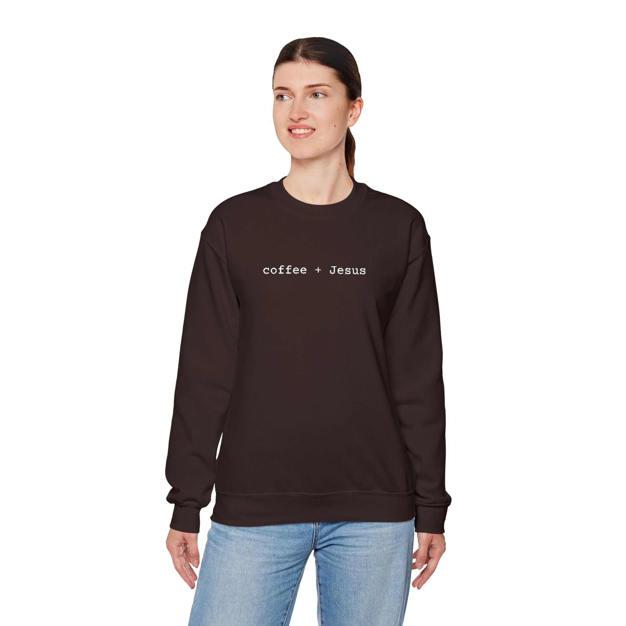 Embroidered Jesus + Coffee Gildan Unisex Heavy Blend Crewneck Sweatshirt | Cozy Christian Pullover Gift for Adults