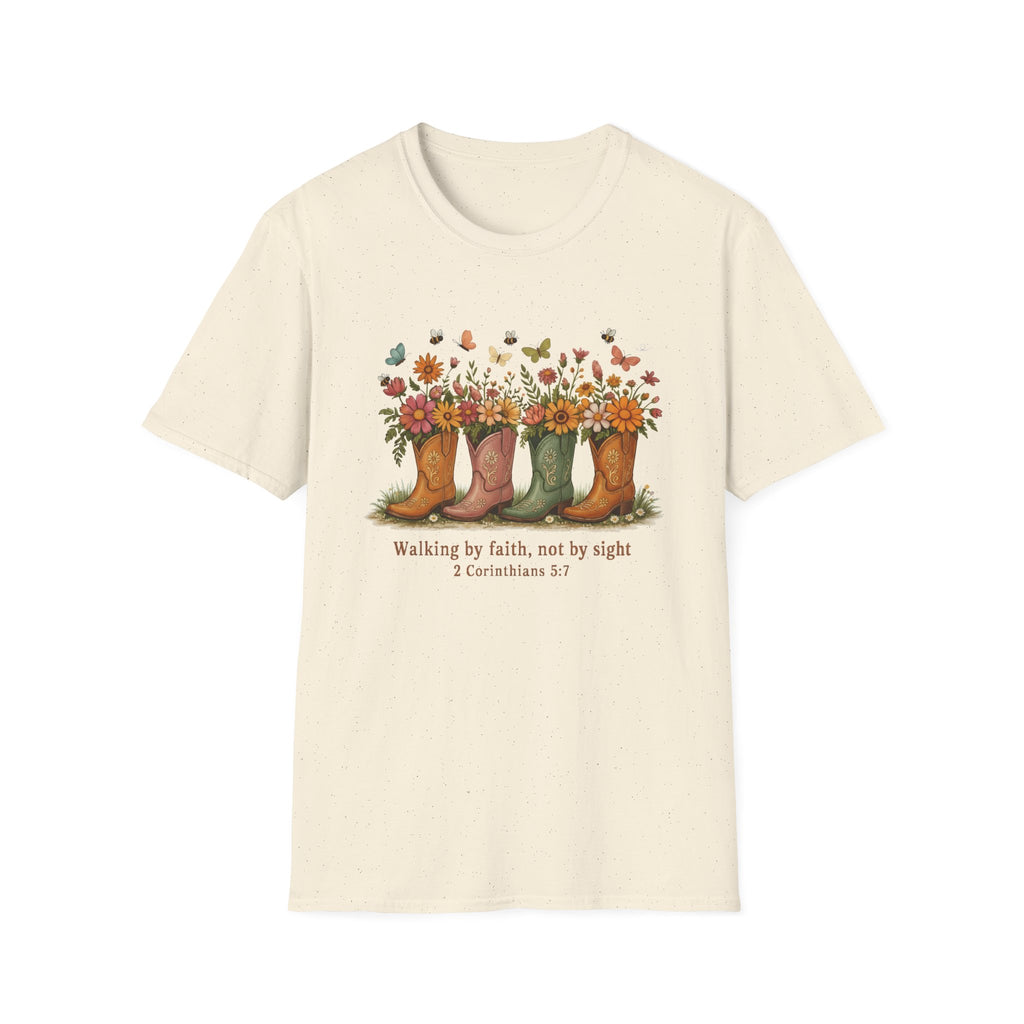 Walk by Faith Not by Sight Gildan Tshirt | Women's Wildflower Cowgirl Boots Christian Tee