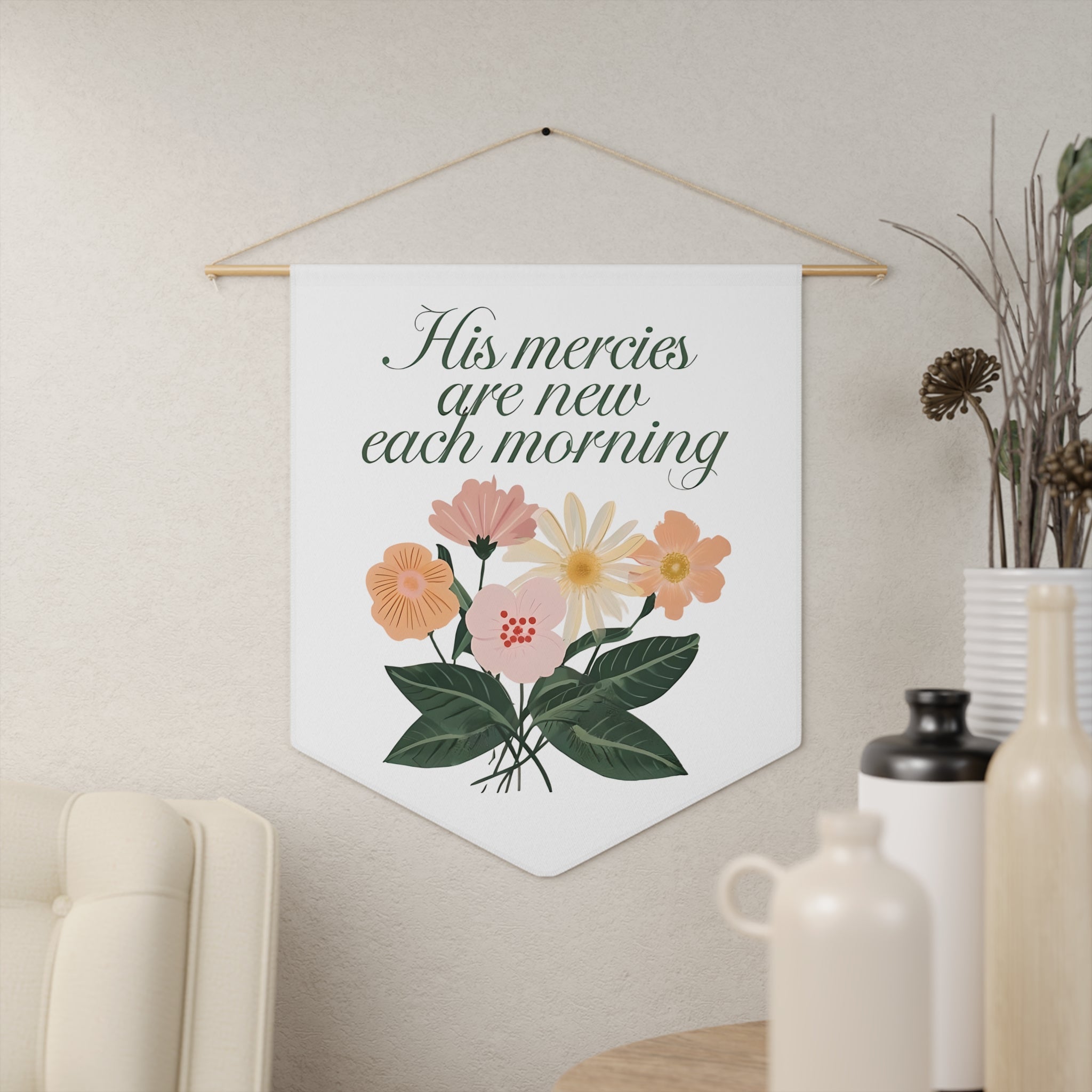 Christian Home Decor Pennant – Inspirational Wall Hanging with Floral Design – Uplifting Gift for Home or Office