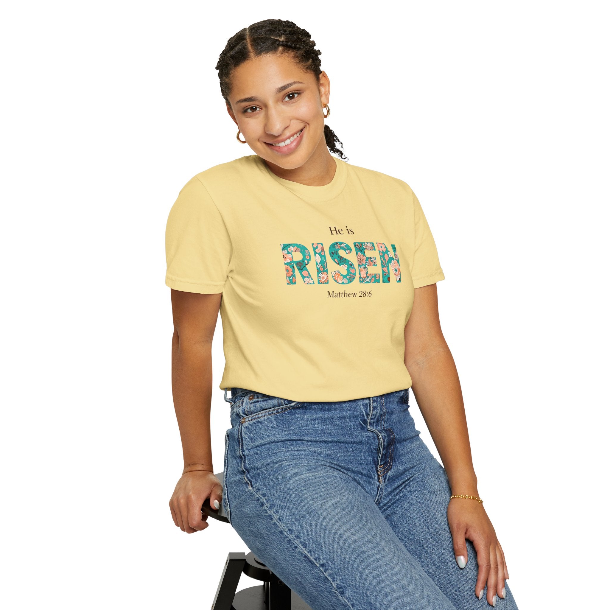 He is RISEN Christian T-Shirt | Easter Women’s Faith Shirt | Scripture Tee Matthew 28:6 | Floral Graphic | Garment-Dyed Cotton | S-4XL