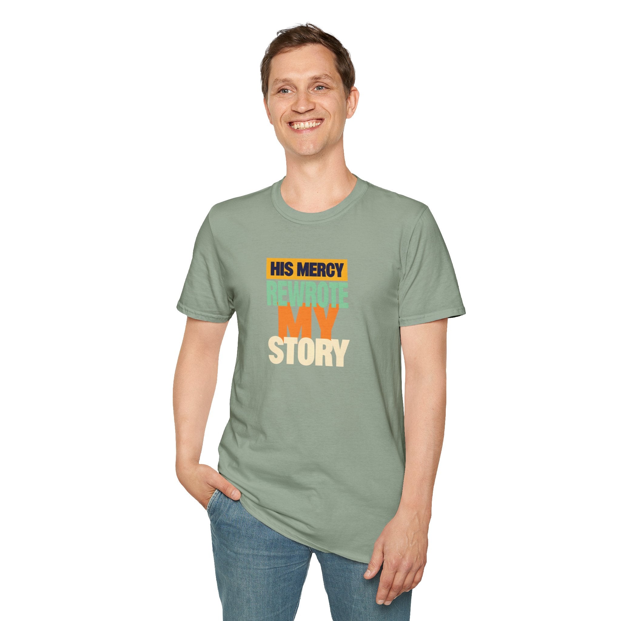 His Mercy Rewrote My Story Christian Gildan T-Shirt Unisex Softstyle Religious Tee Gift