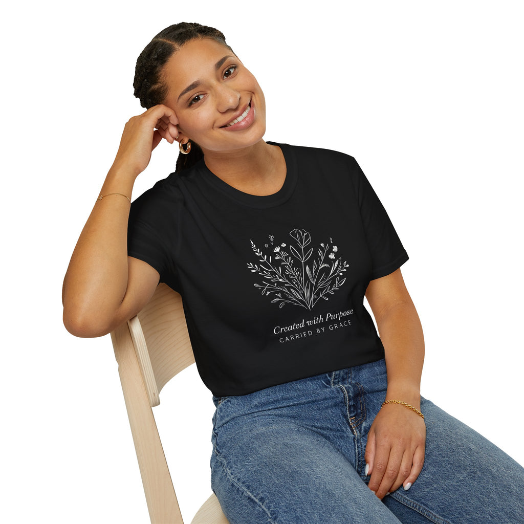 Created with Purpose Carried By Grace Christian Floral Gildan T-Shirt Women’s Faith Shirt Minimalist Design Soft Cotton Tee