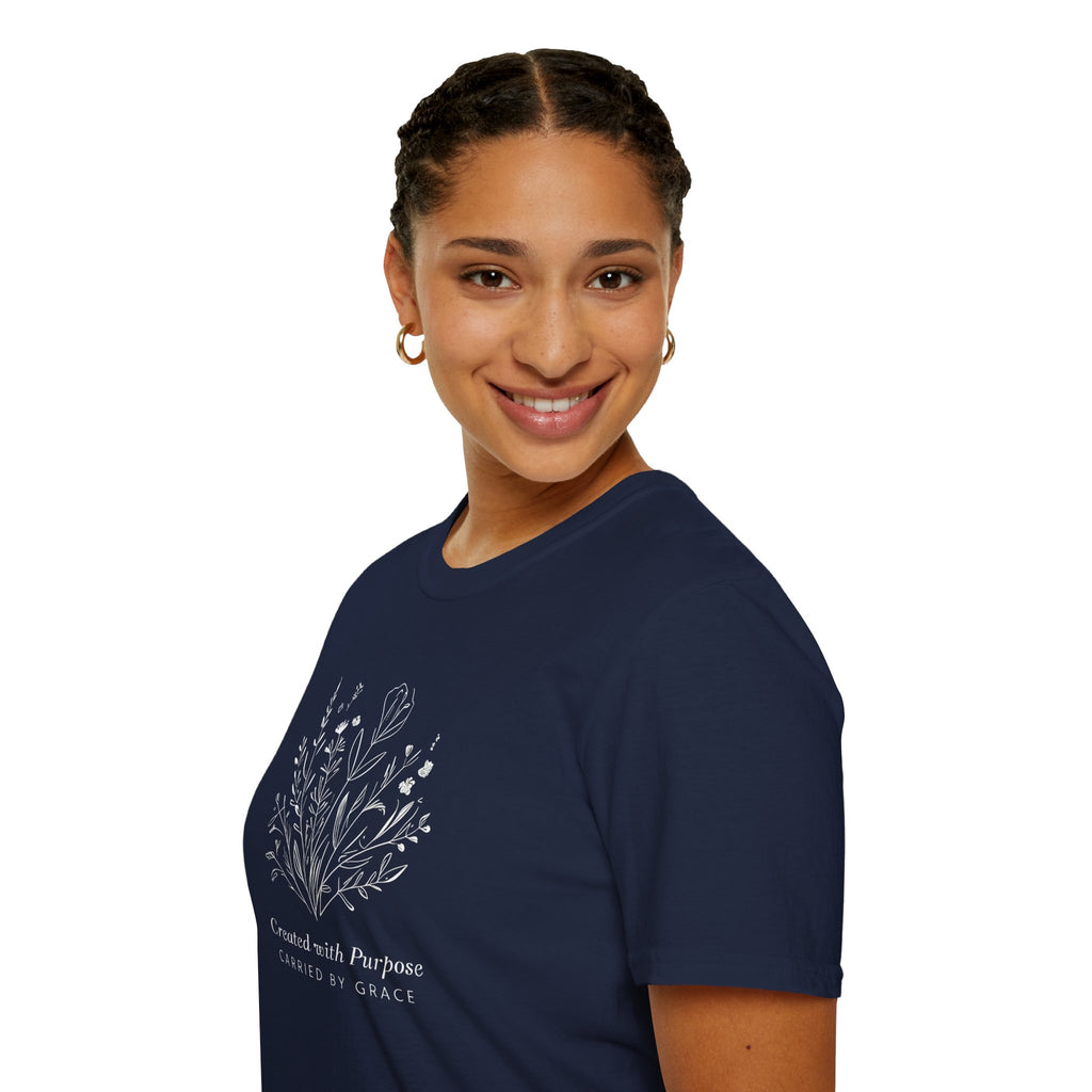 Created with Purpose Carried By Grace Christian Floral Gildan T-Shirt Women’s Faith Shirt Minimalist Design Soft Cotton Tee