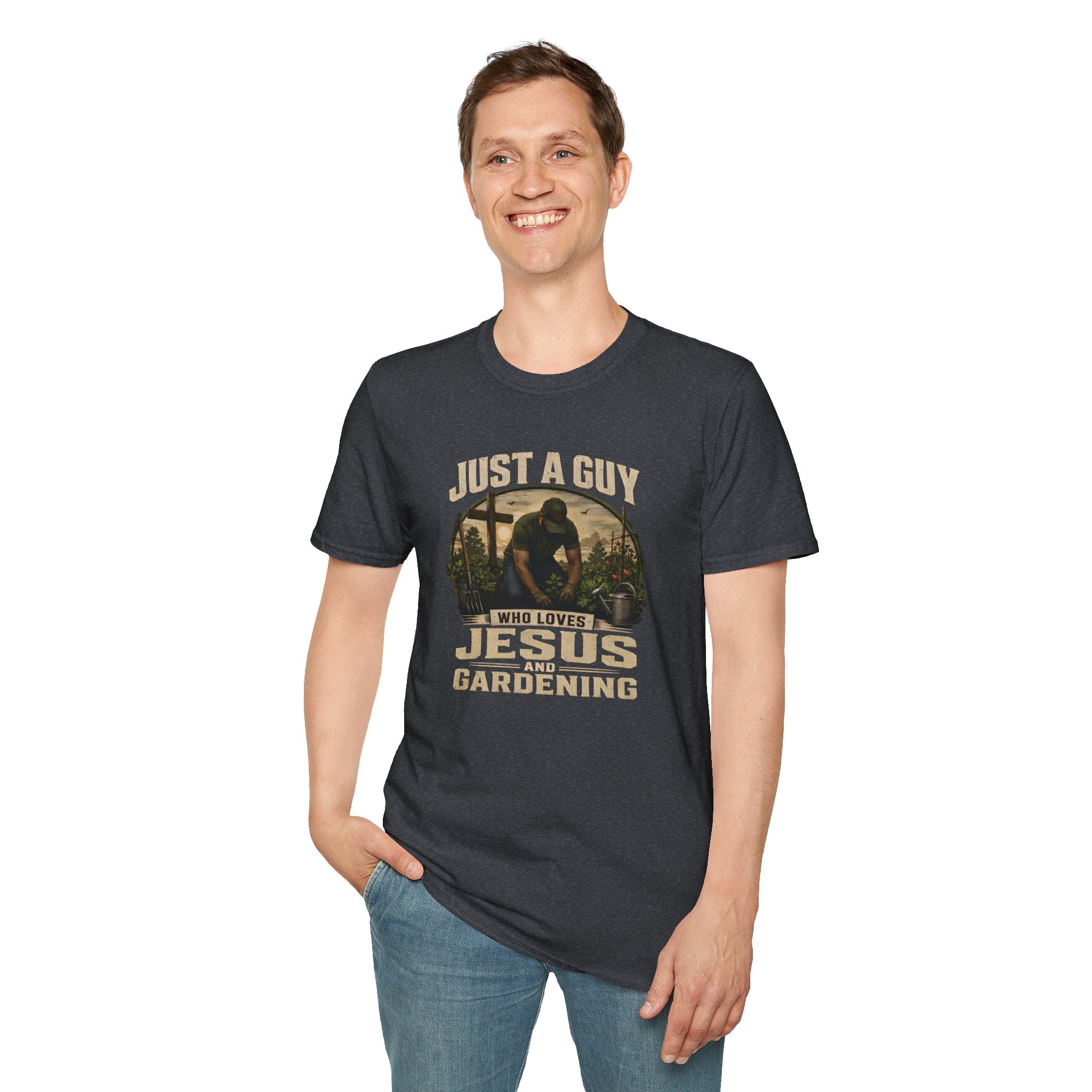 Just A Guy Who Loves Jesus And Gardening Gildan Christian T-Shirt for Men | Faith Based Gardening Shirt | Gardener Gift Tee