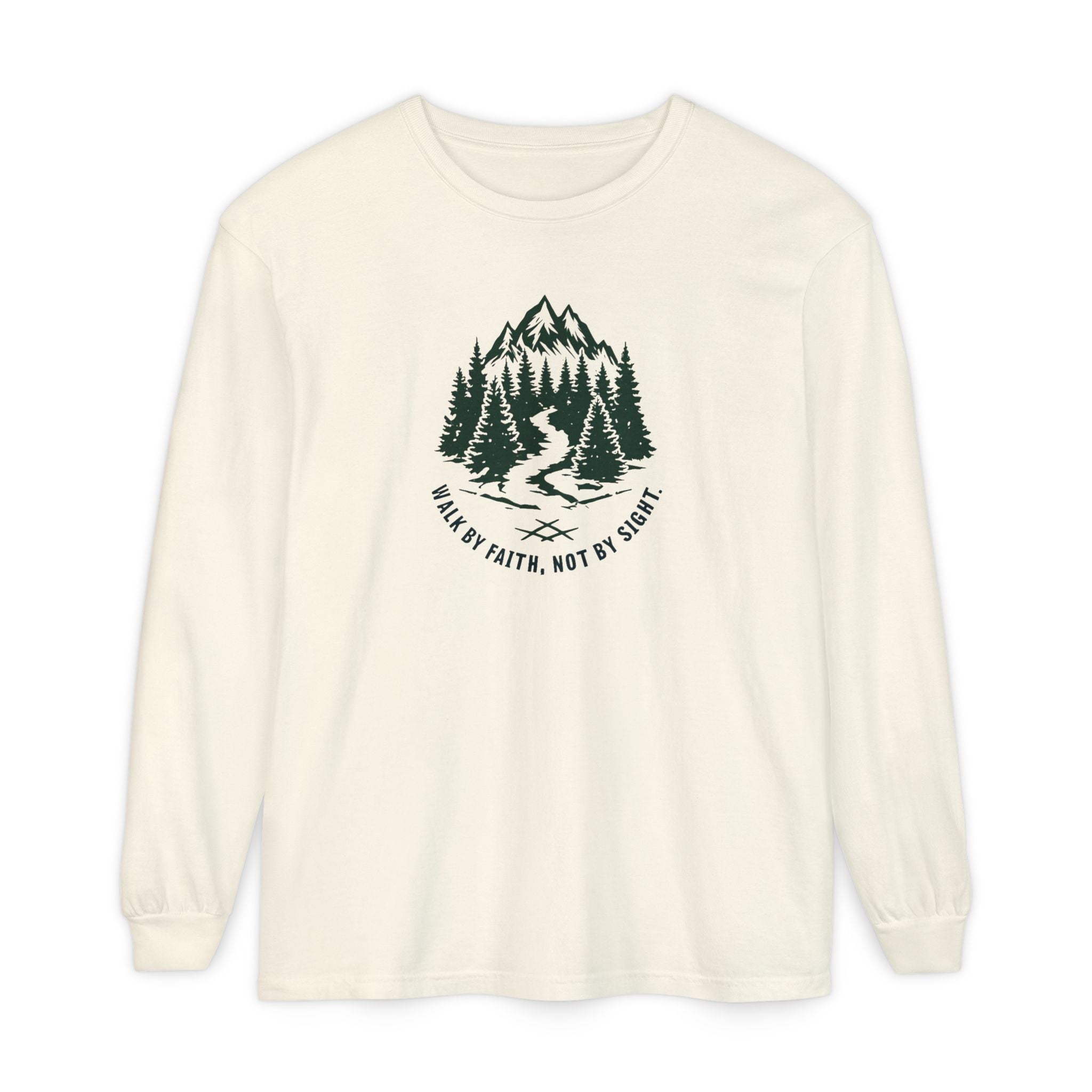 Walk by Faith, Not By Sight Comfort Colors Unisex Long Sleeve Shirt | Faith Mountain Graphic Tee | Garment Dyed Cotton