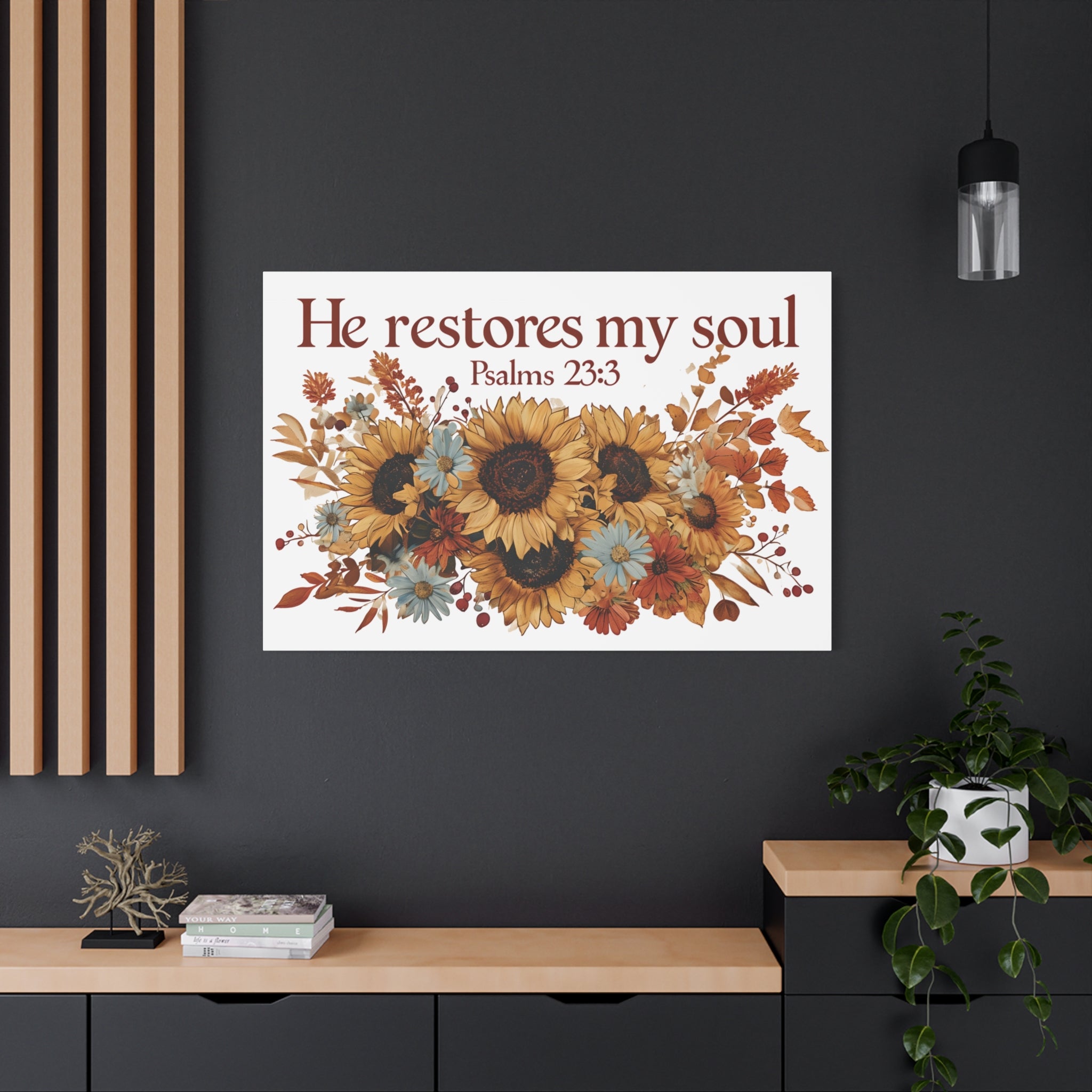 Psalm 23:3 Canvas Wall Art | Christian Sunflower Home Decor | Faith Gift