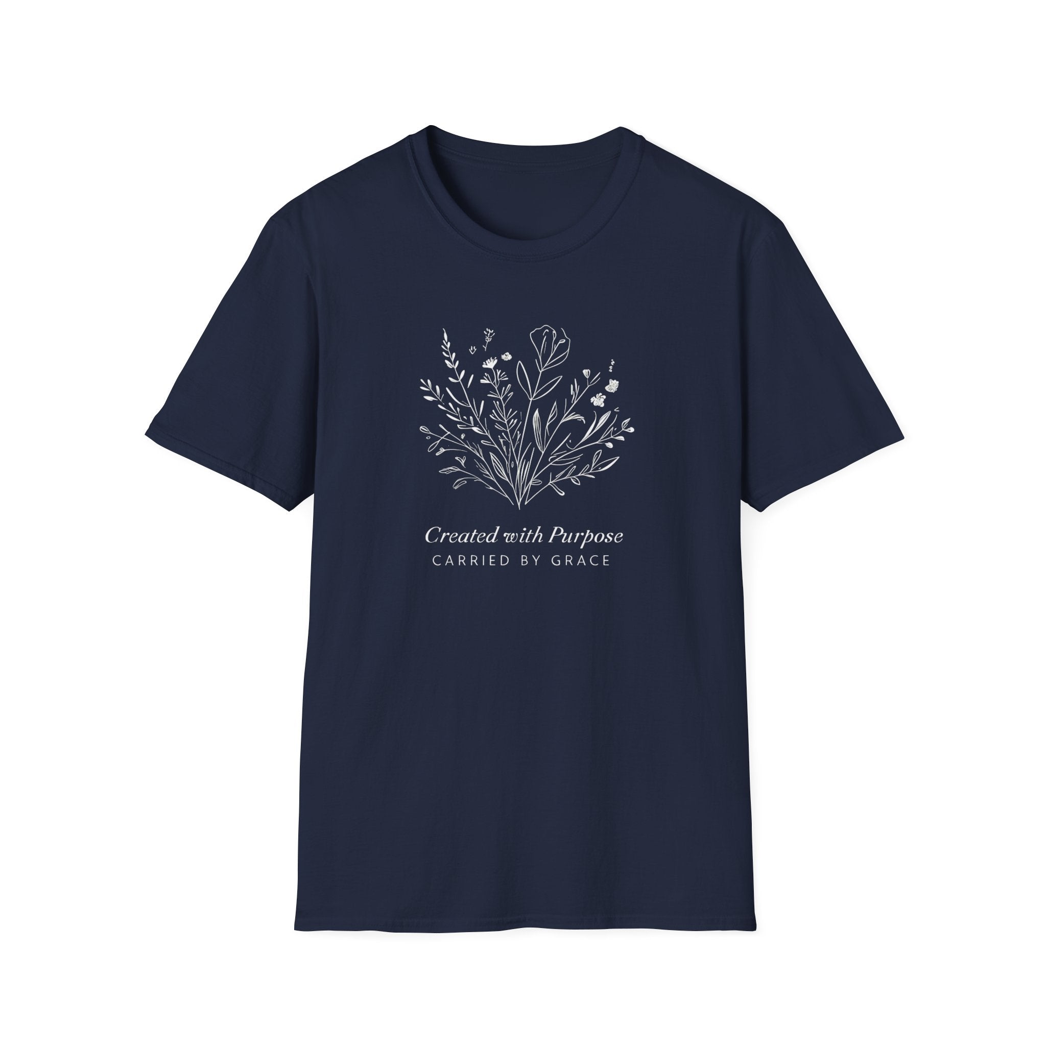 Created with Purpose Carried By Grace Christian Floral Gildan T-Shirt Women’s Faith Shirt Minimalist Design Soft Cotton Tee