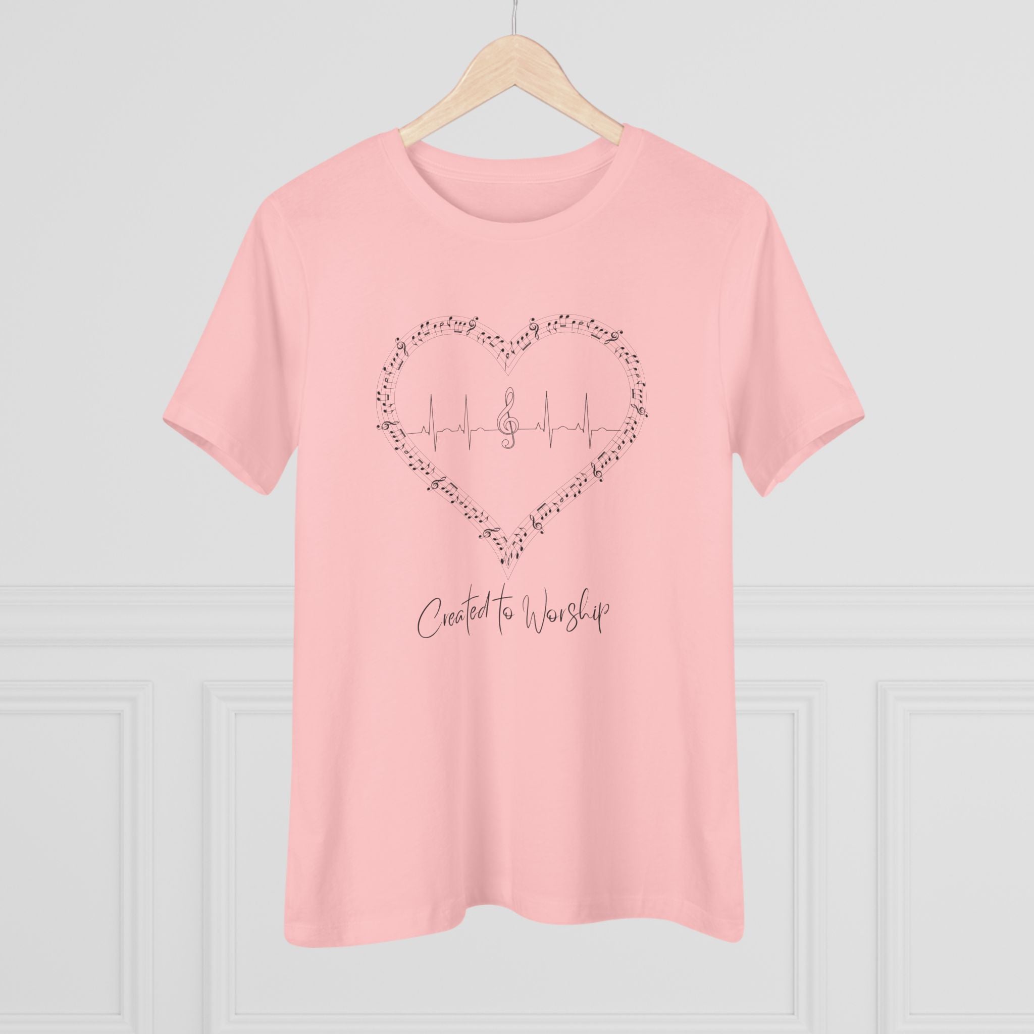 Created to Worship Women’s Christian T-Shirt – Heart & Treble Clef Music Design
