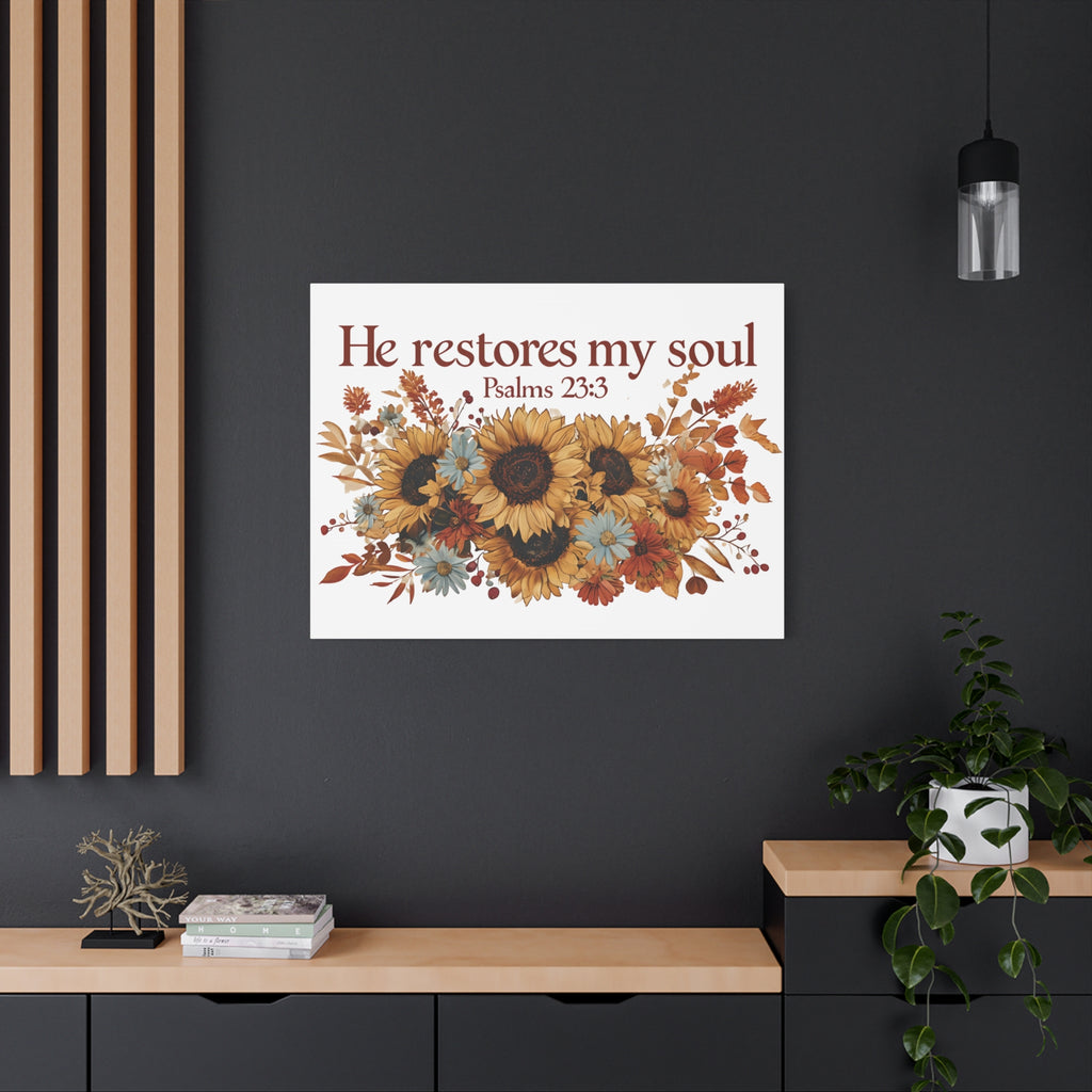 Psalm 23:3 Canvas Wall Art | Christian Sunflower Home Decor | Faith Gift