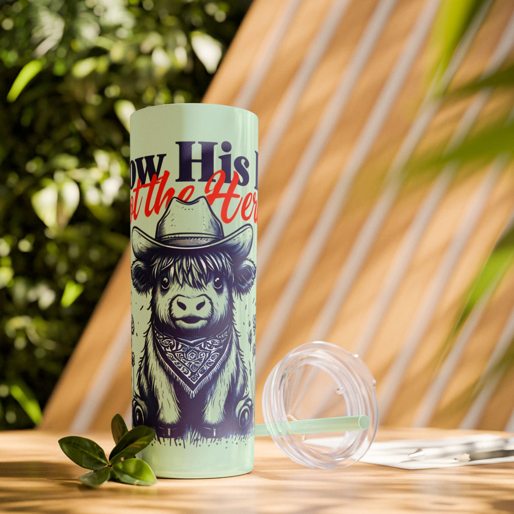 Follow His Lead, Not the Herd, 20 oz Insulated Skinny Tumbler | Stainless Steel Travel Cup | Christian Drinkware | Highland Cow