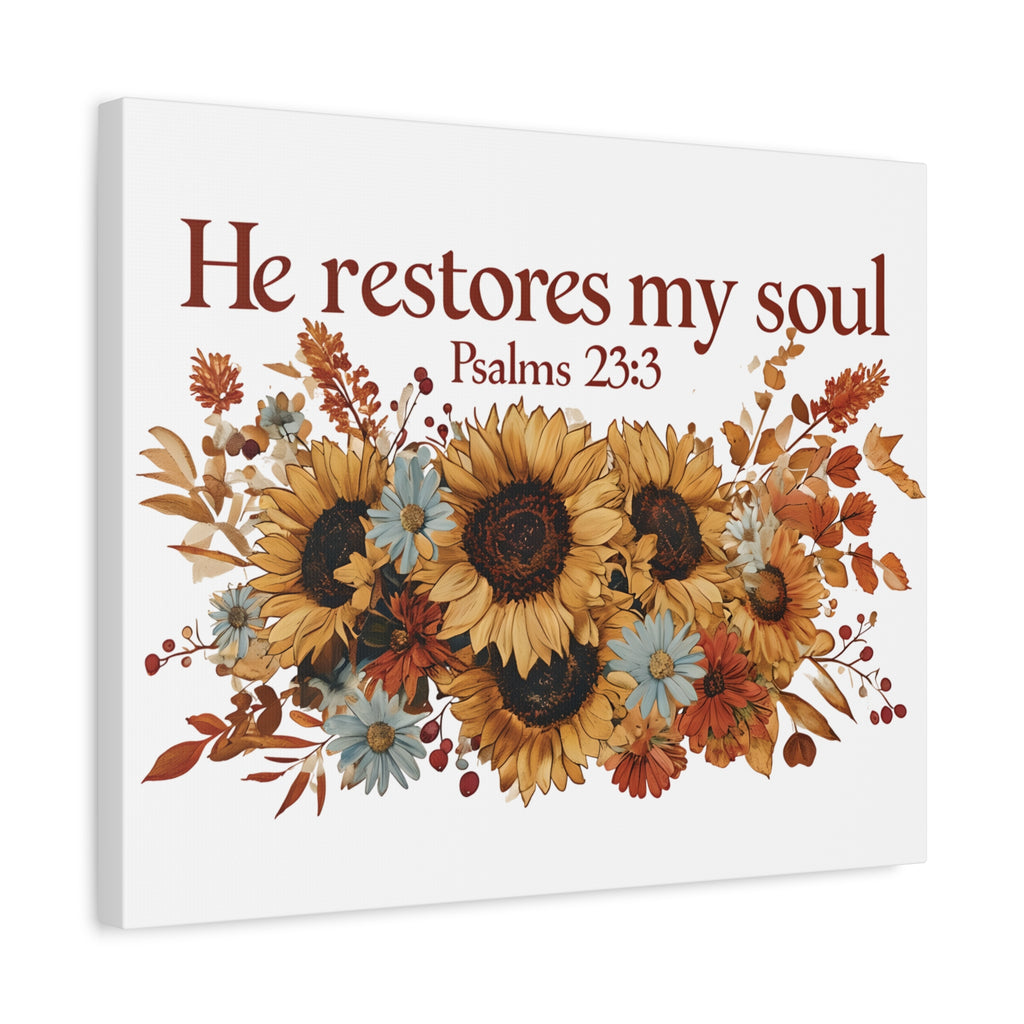 Psalm 23:3 Canvas Wall Art | Christian Sunflower Home Decor | Faith Gift